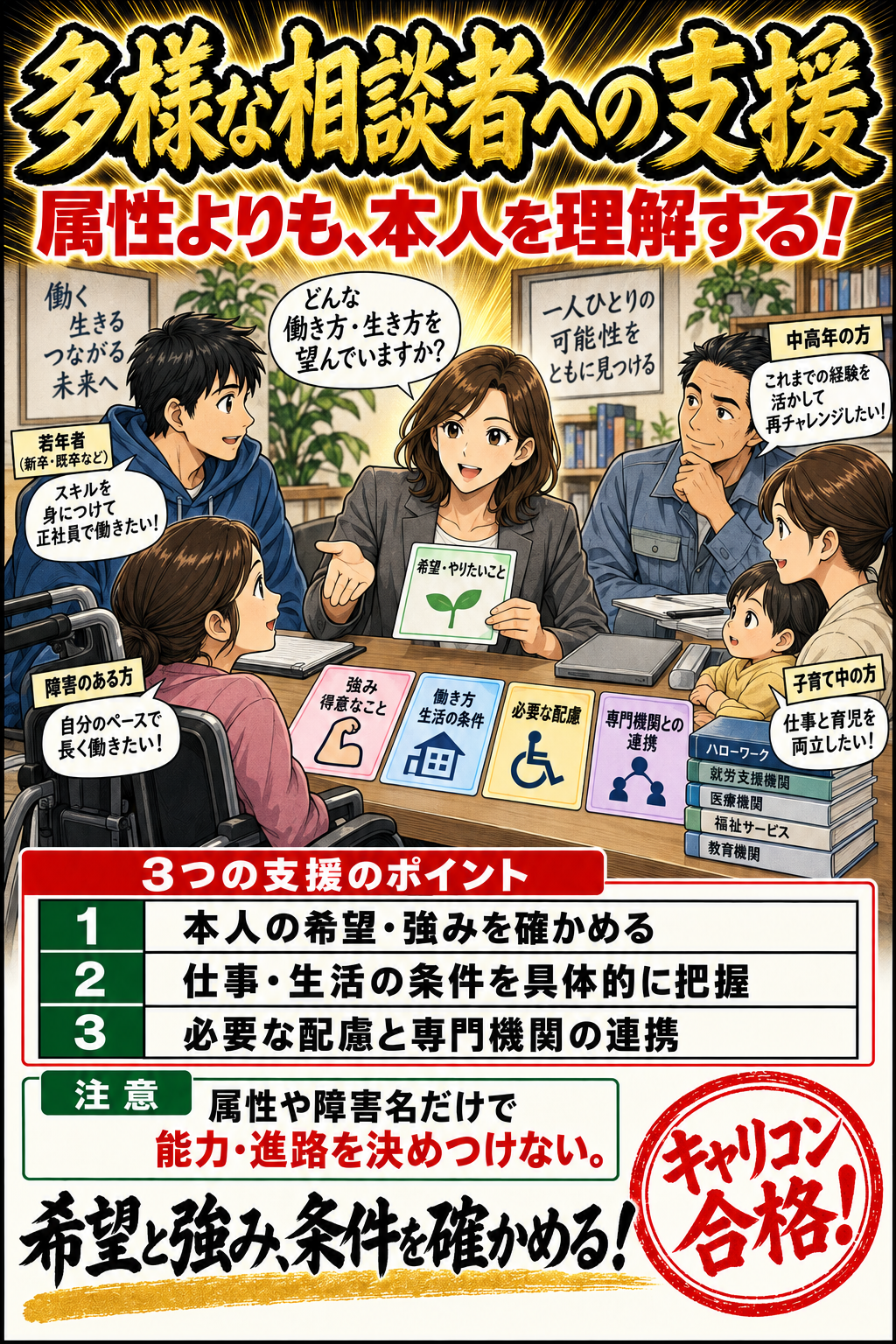 多様な相談者への支援。本人の希望・強みを確かめる。仕事・生活の条件を具体的に把握。必要な配慮と専門機関の連携。属性や障害名だけで能力・進路を決めつけない。