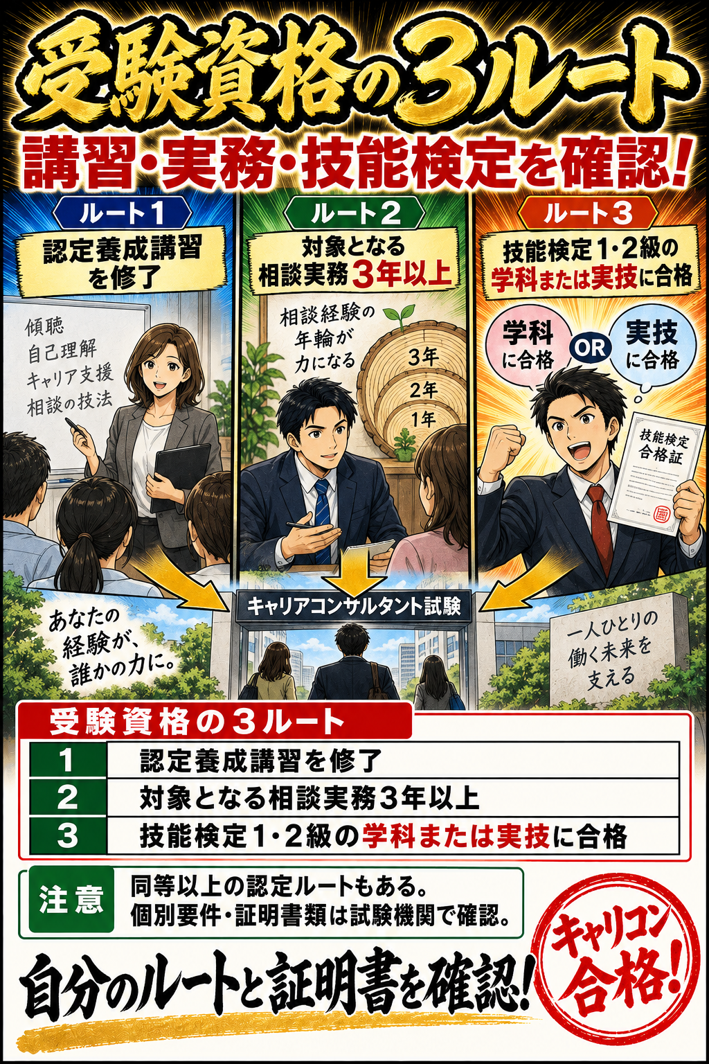 受験資格の３ルート。認定養成講習を修了。対象となる相談実務３年以上。技能検定１・２級の学科または実技に合格。同等以上の認定ルートもある。個別要件・証明書類は試験機関で確認。