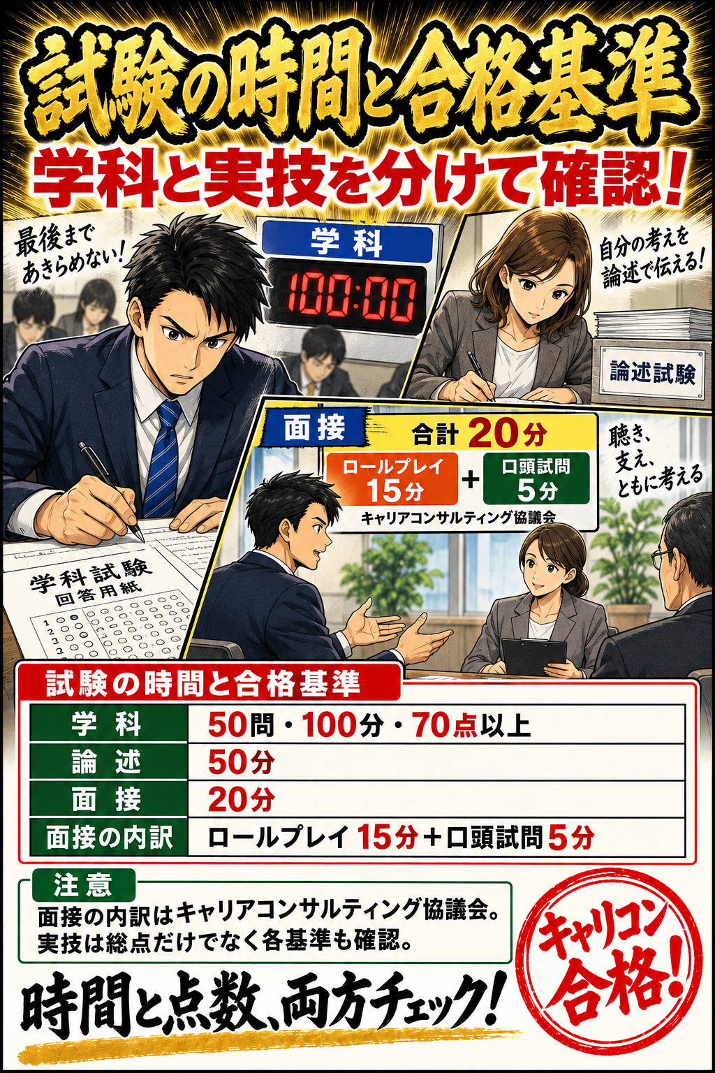 試験の時間と合格基準。学科：50問・100分・70点以上。論述：50分／面接：20分。面接：ロールプレイ15分＋口頭試問５分。面接の内訳はキャリアコンサルティング協議会。実技は総点だけでなく各基準も確認。