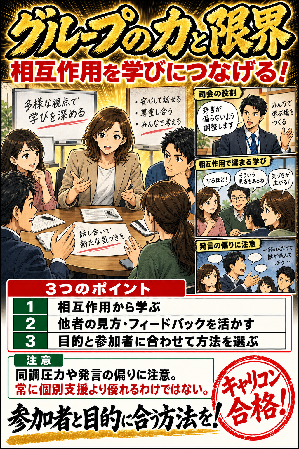 グループの力と限界。相互作用から学ぶ。他者の見方・フィードバックを活かす。目的と参加者に合わせて方法を選ぶ。同調圧力や発言の偏りに注意。常に個別支援より優れるわけではない。