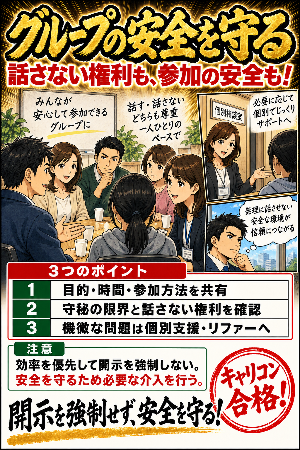 グループの安全を守る。目的・時間・参加方法を共有。守秘の限界と話さない権利を確認。機微な問題は個別支援・リファーへ。効率を優先して開示を強制しない。安全を守るため必要な介入を行う。