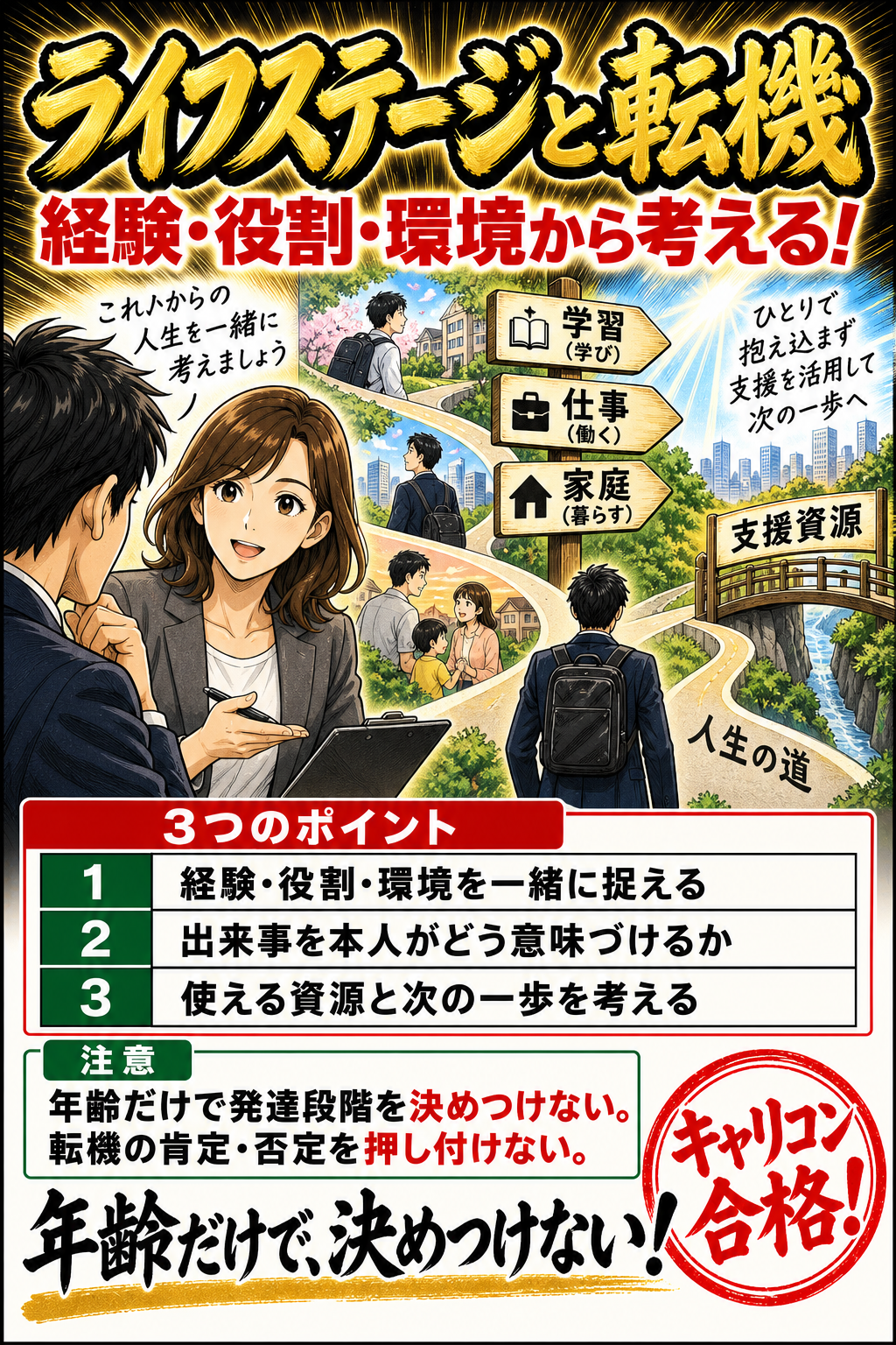 ライフステージと転機。経験・役割・環境を一緒に捉える。出来事を本人がどう意味づけるか。使える資源と次の一歩を考える。年齢だけで発達段階を決めつけない。転機の肯定・否定を押し付けない。