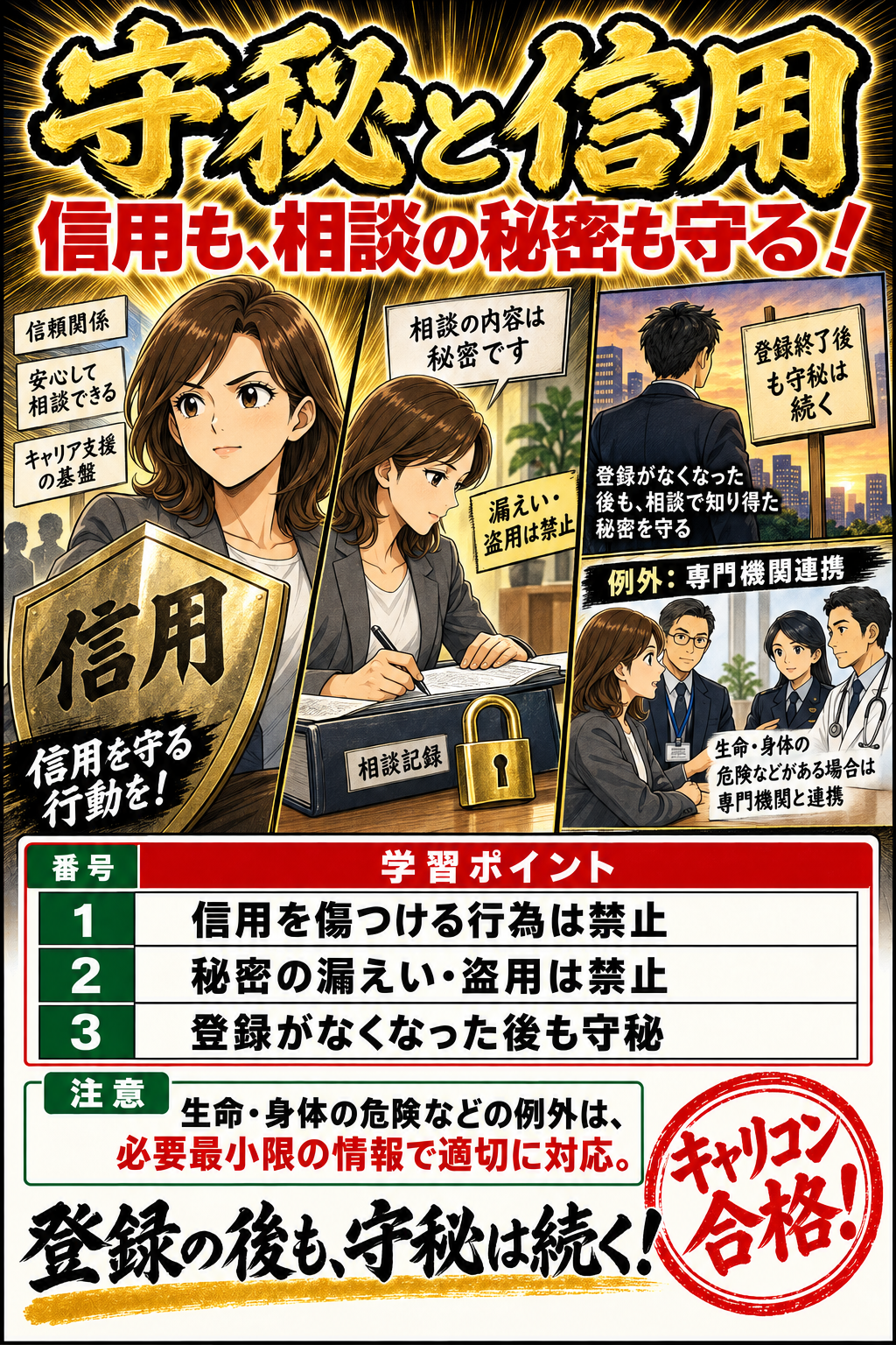 守秘と信用。信用を傷つける行為は禁止。秘密の漏えい・盗用は禁止。登録がなくなった後も守秘。生命・身体の危険などの例外は、必要最小限の情報で適切に対応。