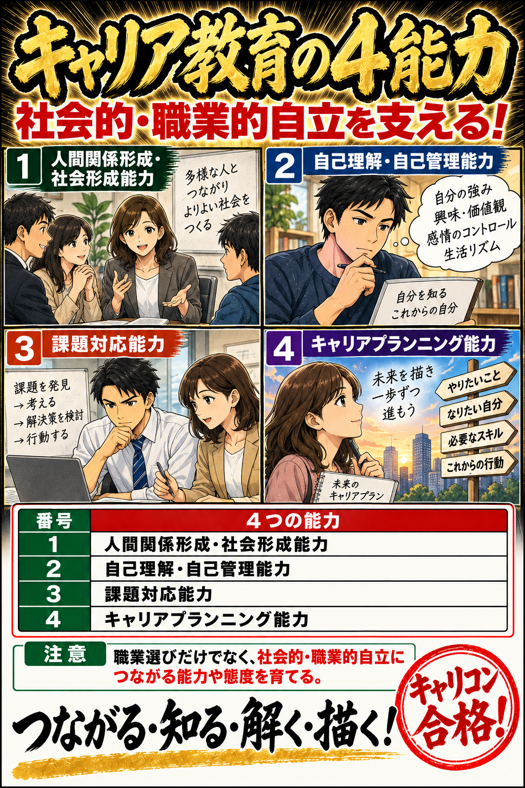 キャリア教育の４能力。人間関係形成・社会形成能力。自己理解・自己管理能力／課題対応能力。キャリアプランニング能力。職業選びだけでなく、社会的・職業的自立につながる能力や態度を育てる。