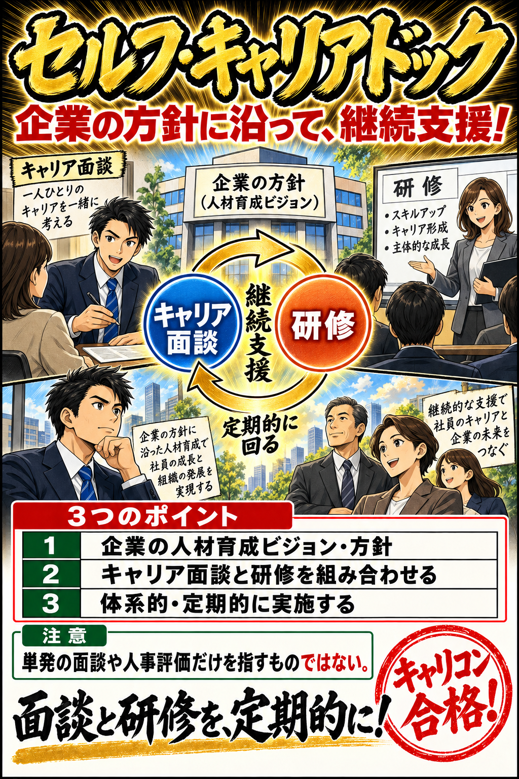 セルフ・キャリアドック。企業の人材育成ビジョン・方針。キャリア面談と研修を組み合わせる。体系的・定期的に実施する。単発の面談や人事評価だけを指すものではない。