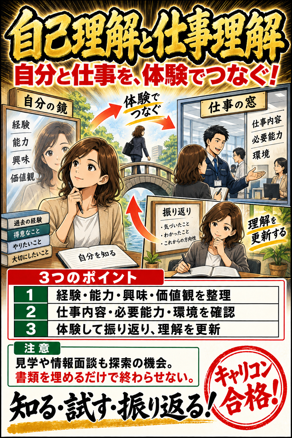 自己理解と仕事理解。経験・能力・興味・価値観を整理。仕事内容・必要能力・環境を確認。体験して振り返り、理解を更新。見学や情報面談も探索の機会。書類を埋めるだけで終わらせない。