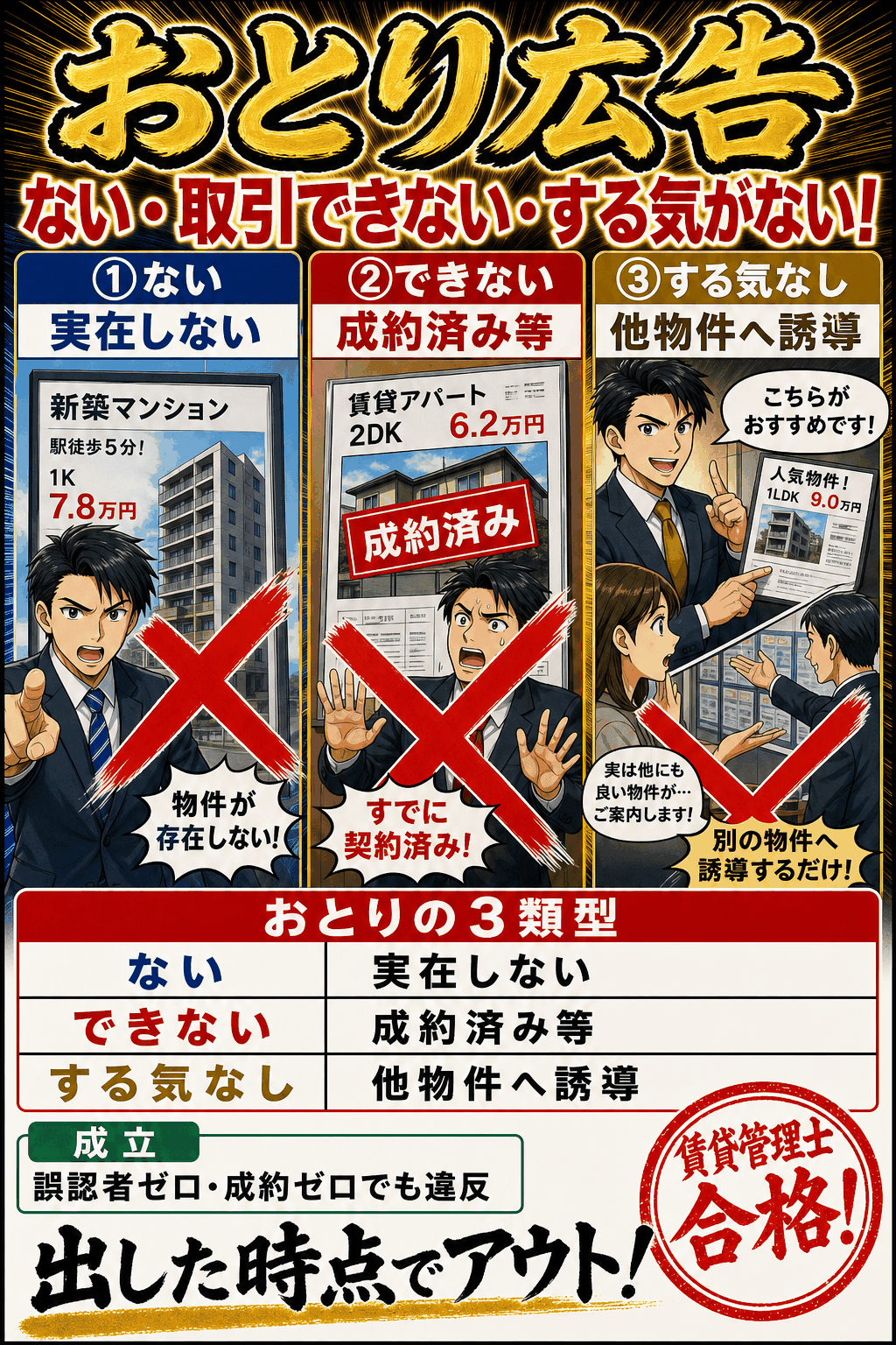実在しない物件などのおとり広告の3類型を整理した暗記画像