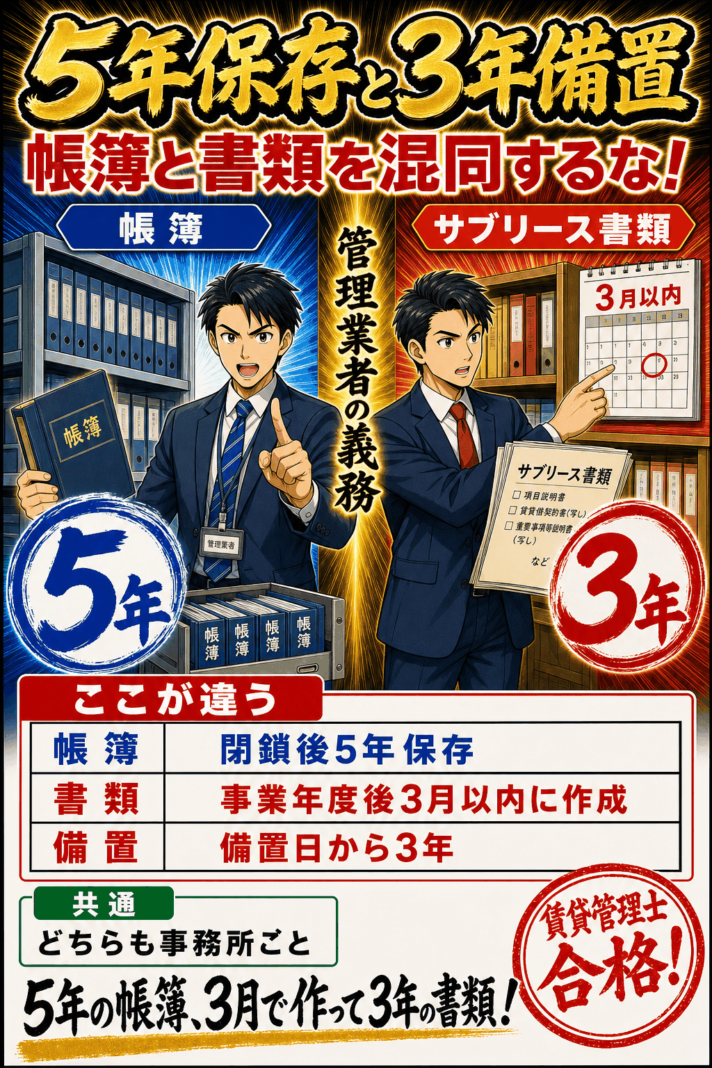 賃貸住宅管理業の帳簿の5年保存と書類の3年備置を比較した暗記画像