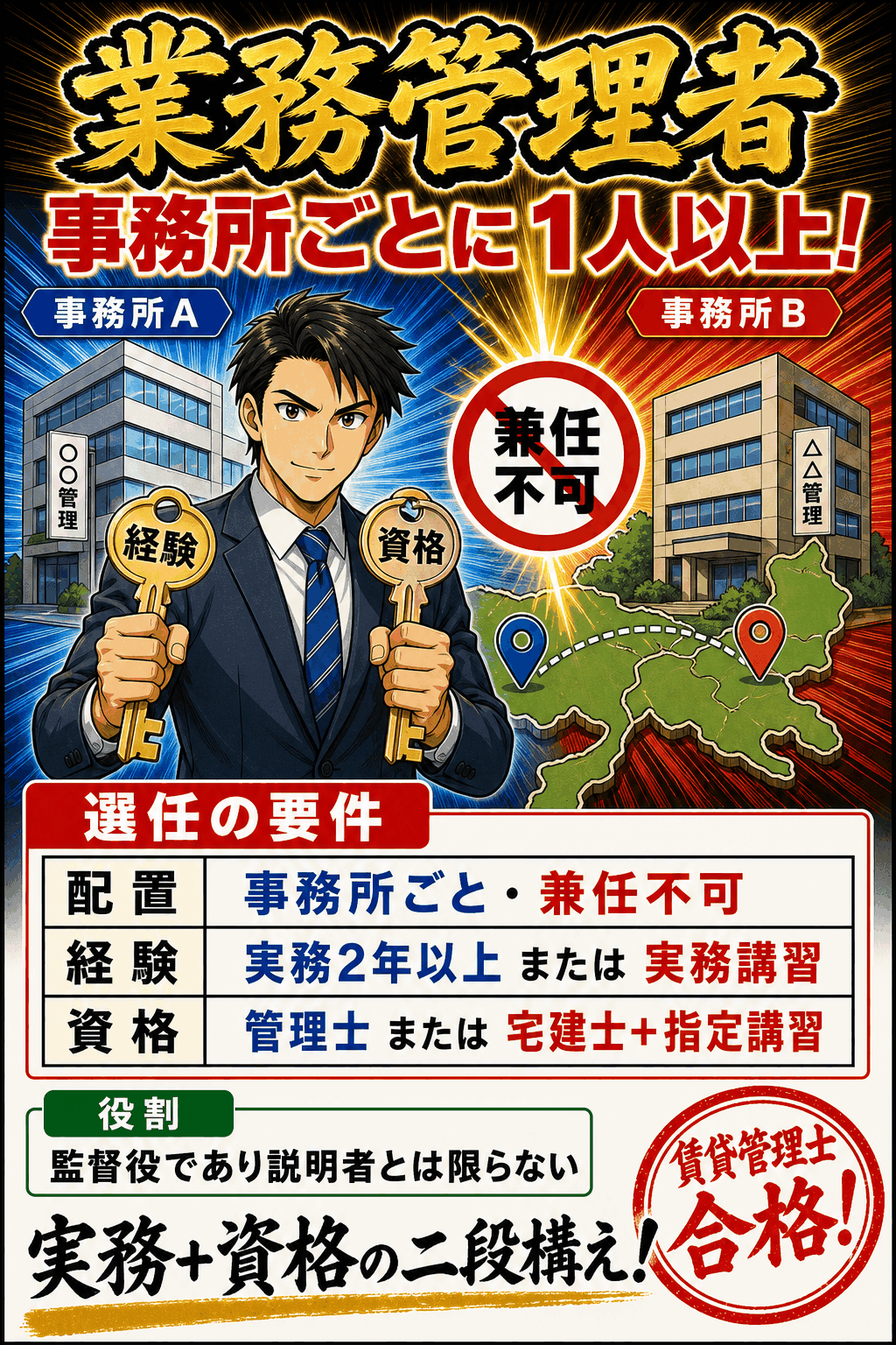 業務管理者を事務所ごとに1人以上配置する要件を整理した暗記画像