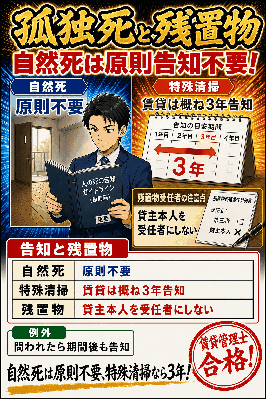 賃貸住宅での自然死の告知と残置物処理を整理した暗記画像