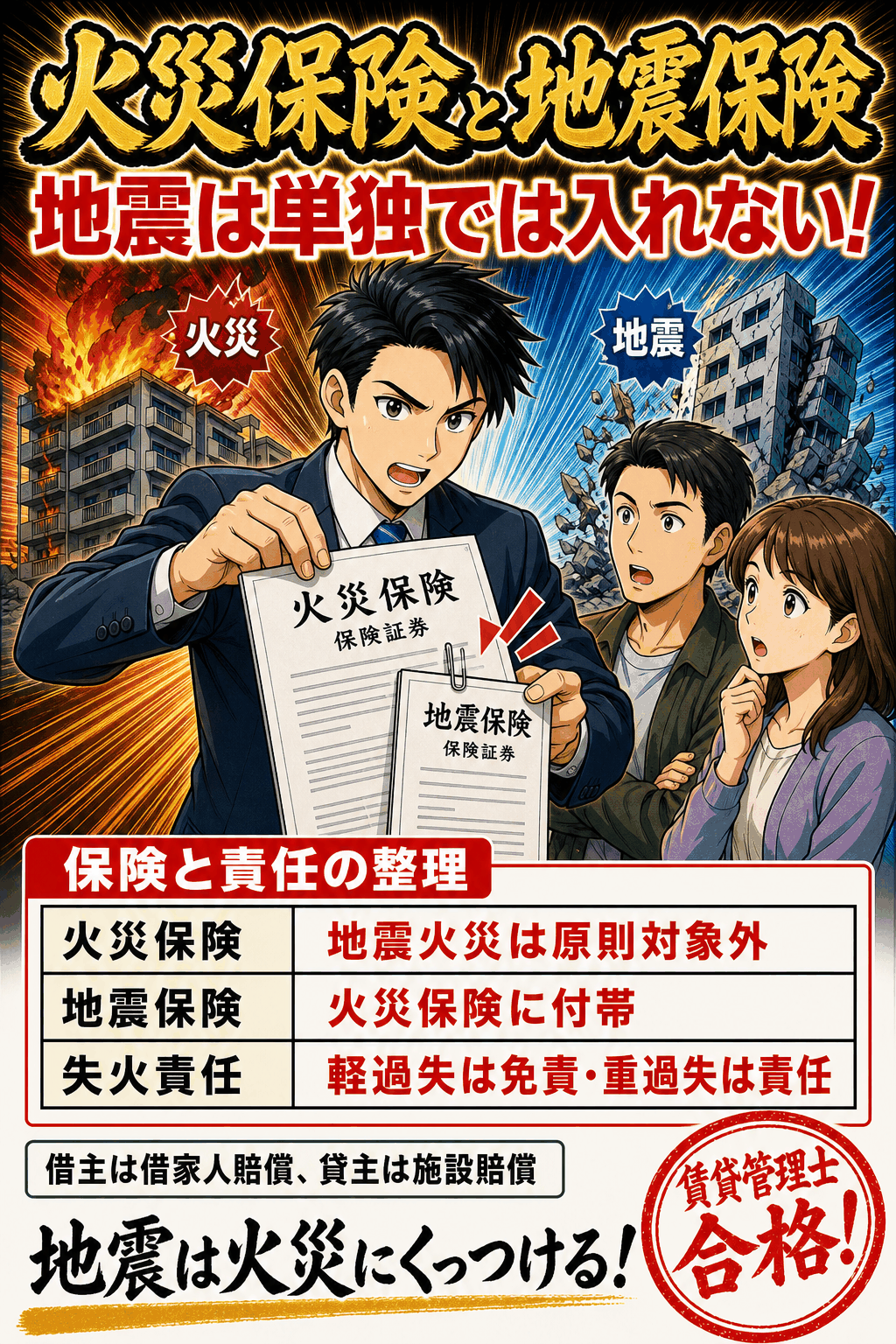 火災保険と地震保険の関係および失火責任を整理した暗記画像