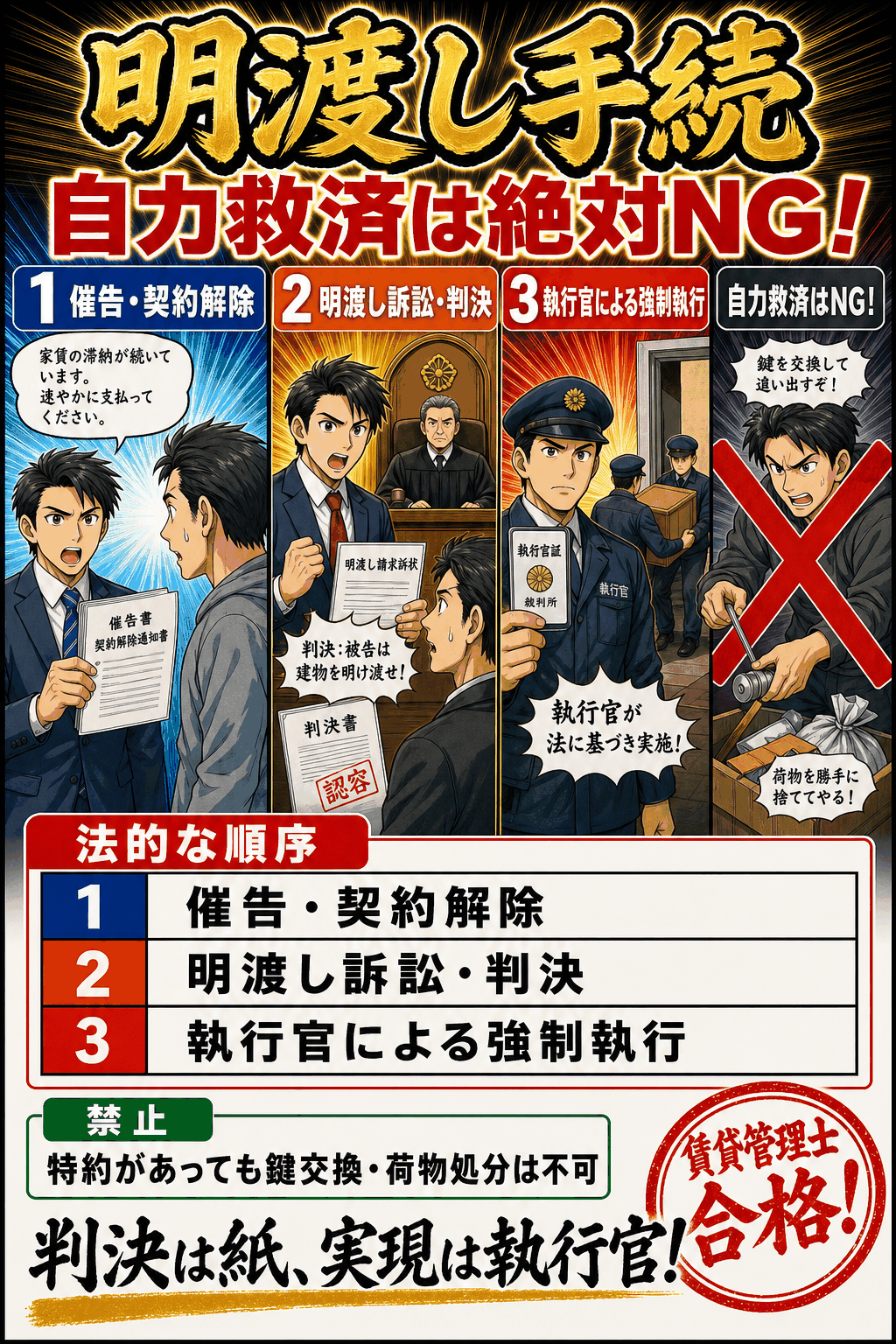 建物明渡しの催告から強制執行までの手続を整理した暗記画像