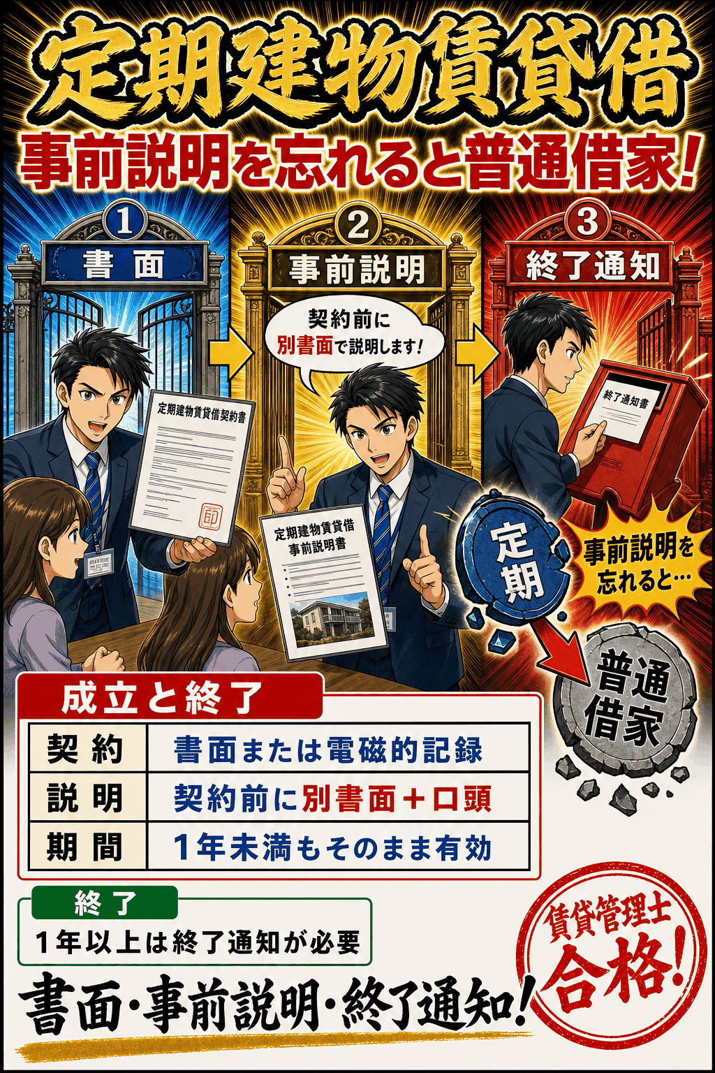 定期建物賃貸借の書面・事前説明・終了通知を整理した暗記画像