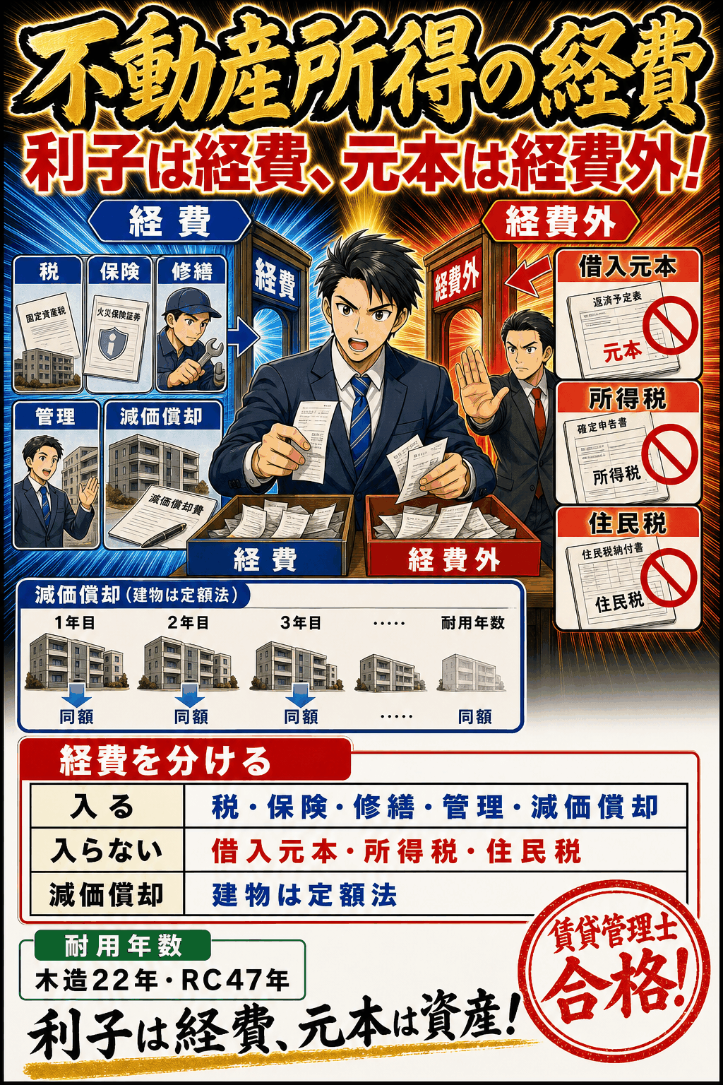 不動産所得の必要経費に入るものと入らないものを整理した暗記画像