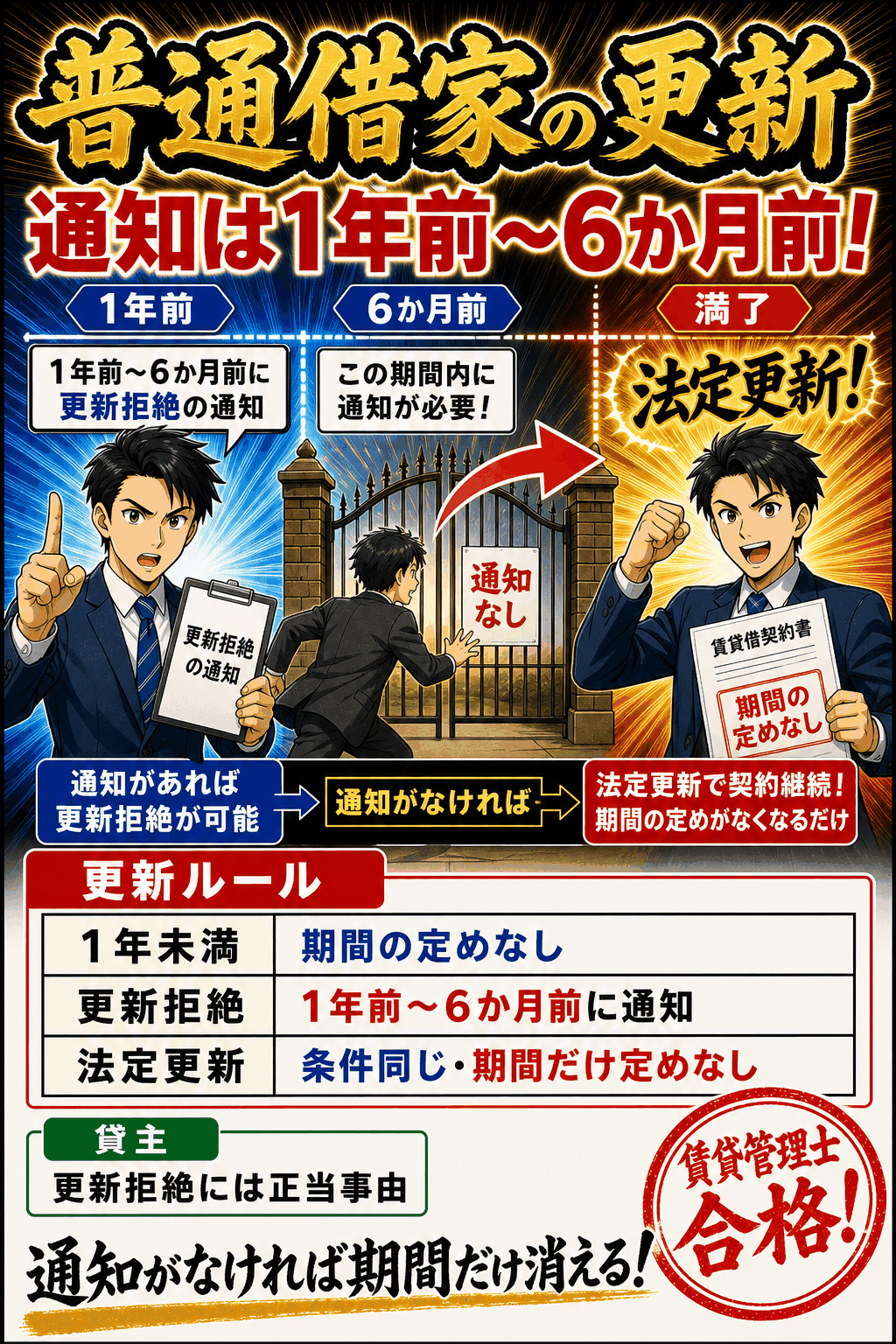普通借家の更新拒絶の通知期間と法定更新を整理した暗記画像