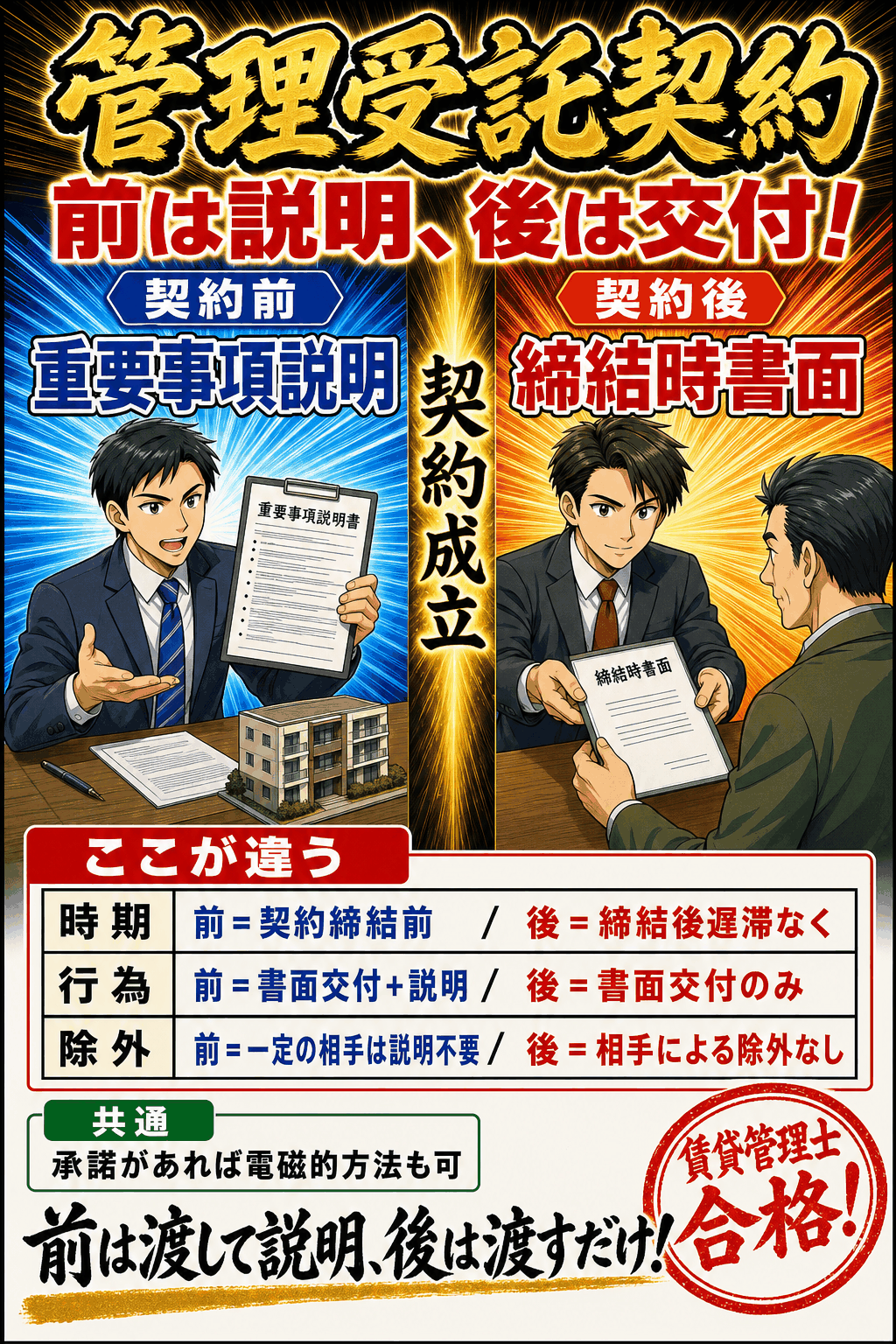 管理受託契約の契約前の重要事項説明と契約後の書面交付を比較した暗記画像
