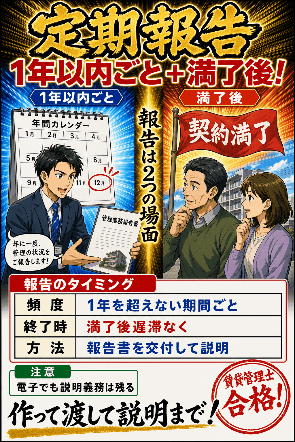 管理受託契約の定期報告の頻度と方法を整理した暗記画像