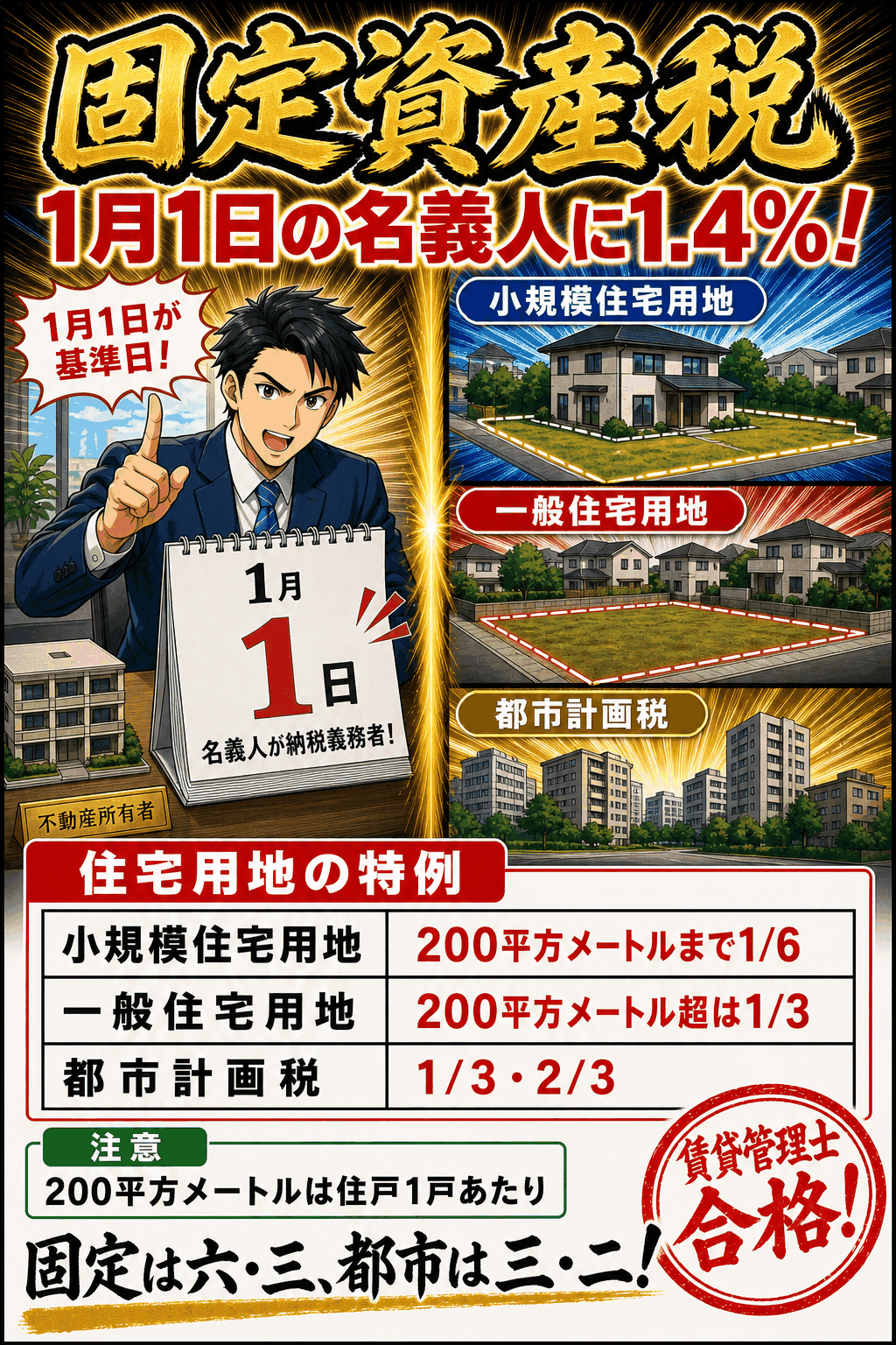 固定資産税の納税義務者と住宅用地の特例を整理した暗記画像