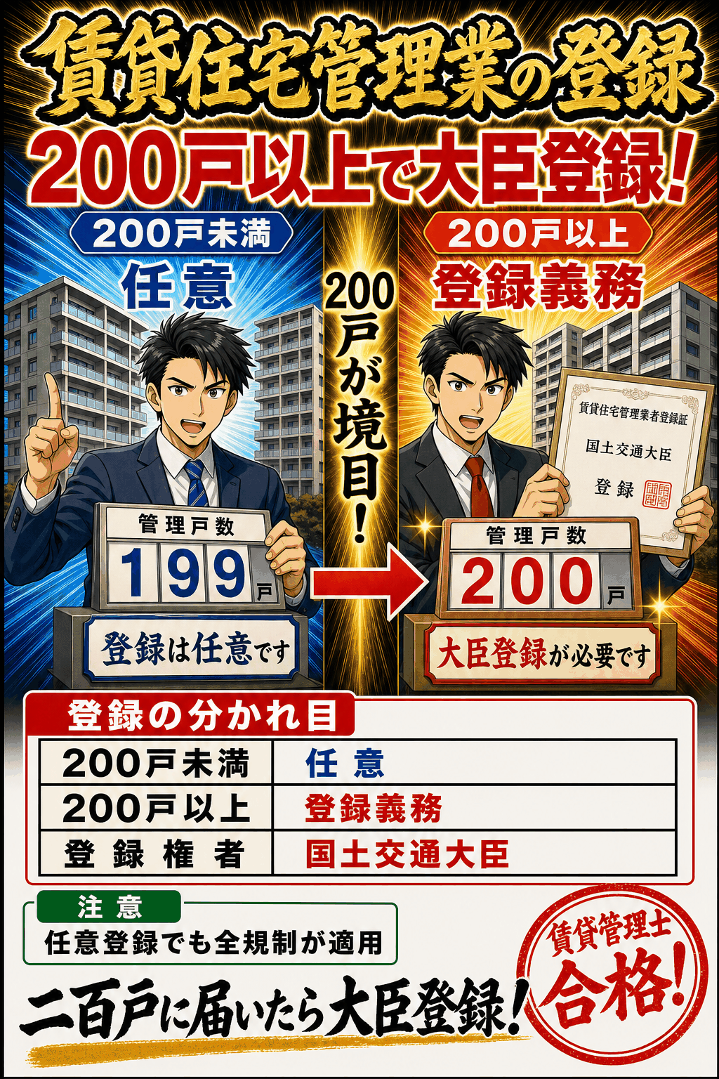 賃貸住宅管理業の200戸以上の登録義務を整理した暗記画像