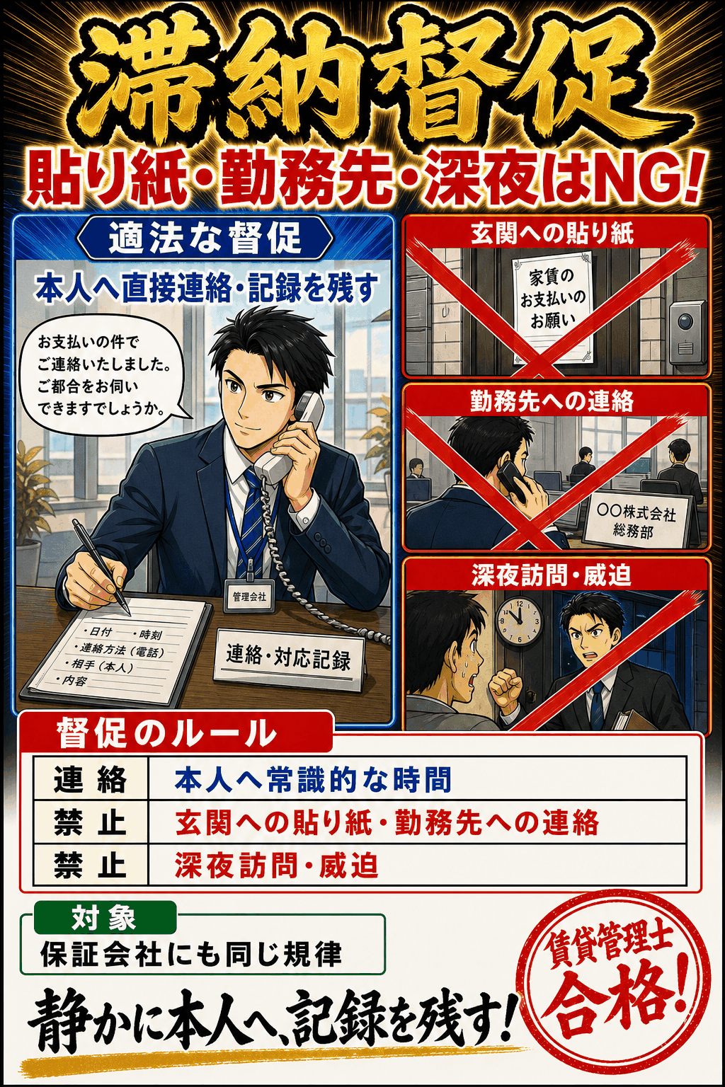 賃料滞納時に禁止される督促行為を整理した暗記画像