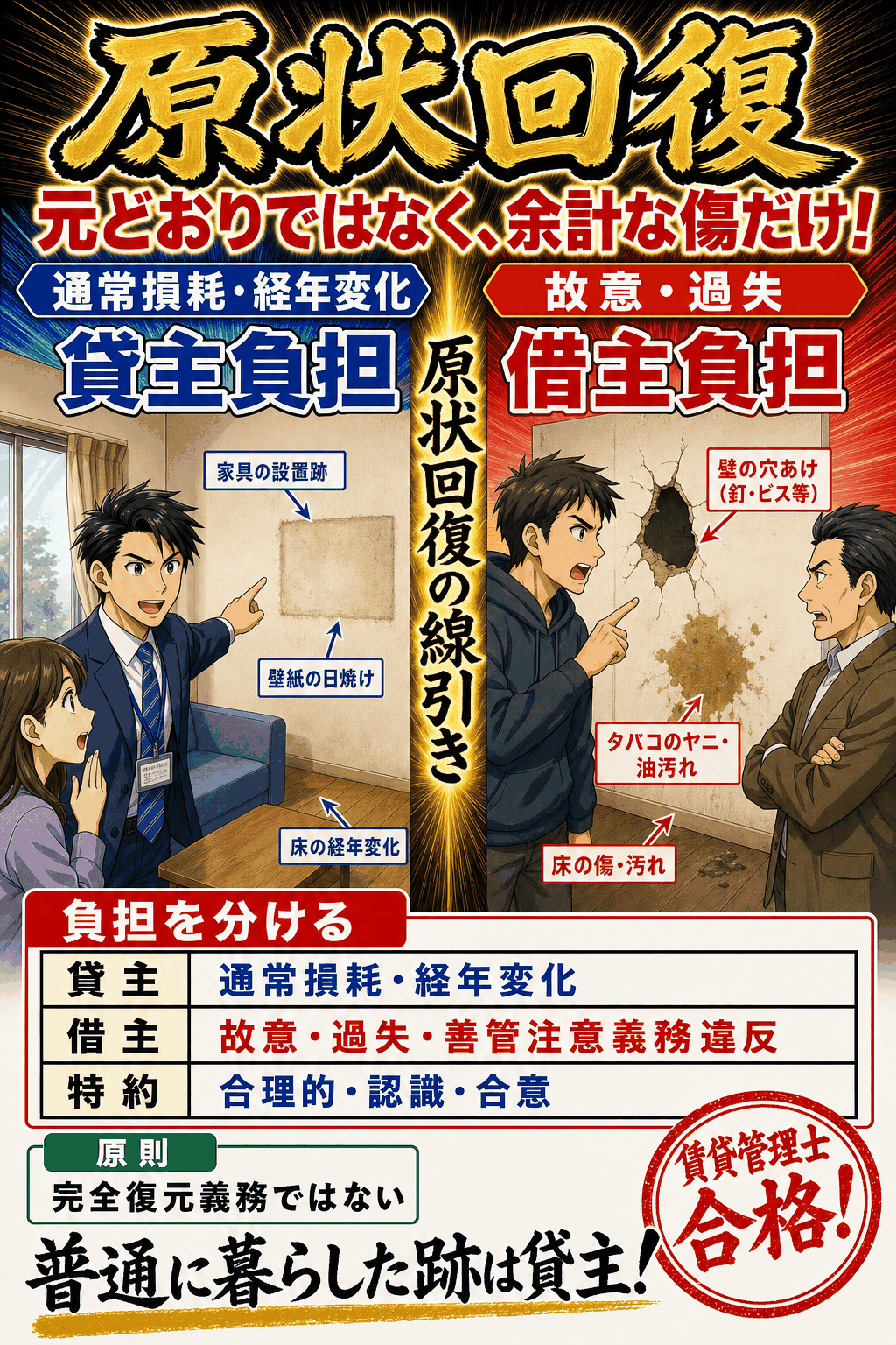 原状回復で貸主と借主が負担する損耗を比較した暗記画像
