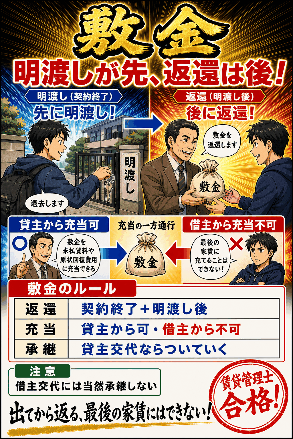 敷金の返還時期・充当・承継を整理した暗記画像