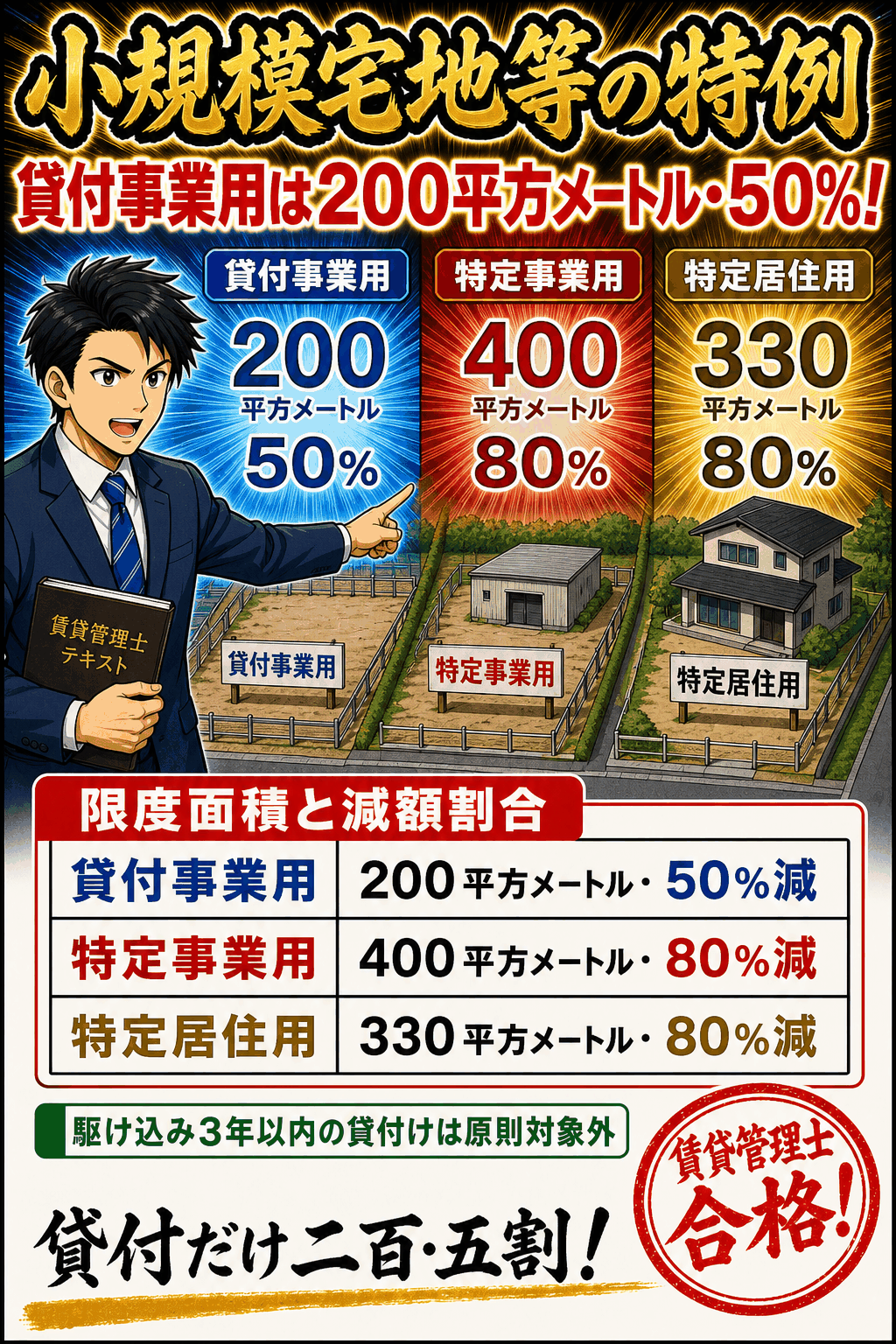 小規模宅地等の特例の限度面積と減額割合を整理した暗記画像