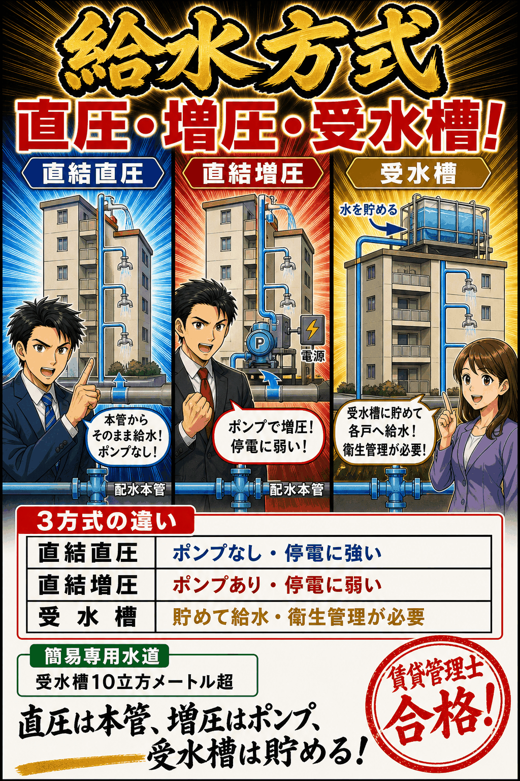 直結直圧・直結増圧・受水槽の給水方式を比較した暗記画像