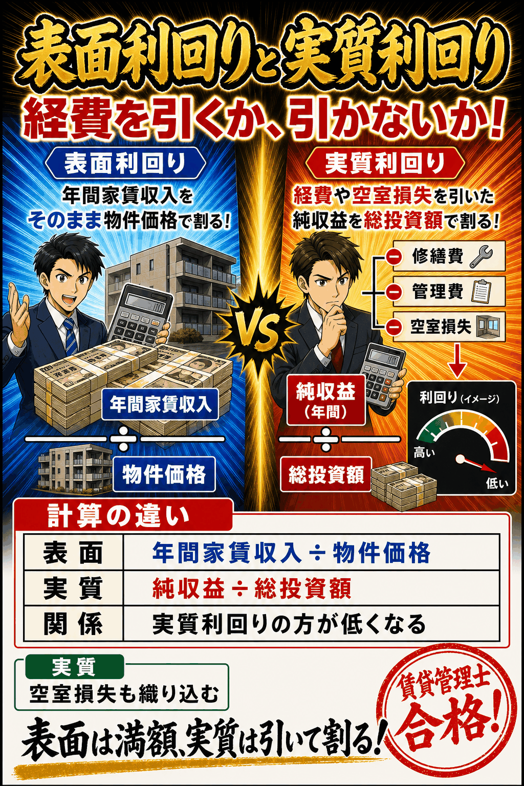 表面利回りと実質利回りの計算方法を比較した暗記画像