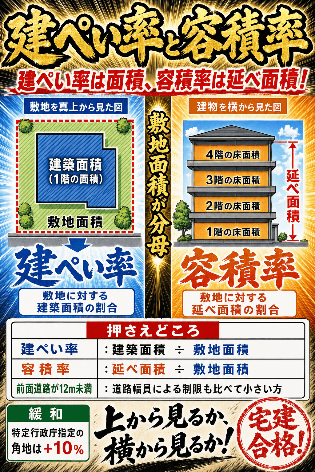 建ぺい率と容積率の違いを真上と横からの図で比較した暗記画像