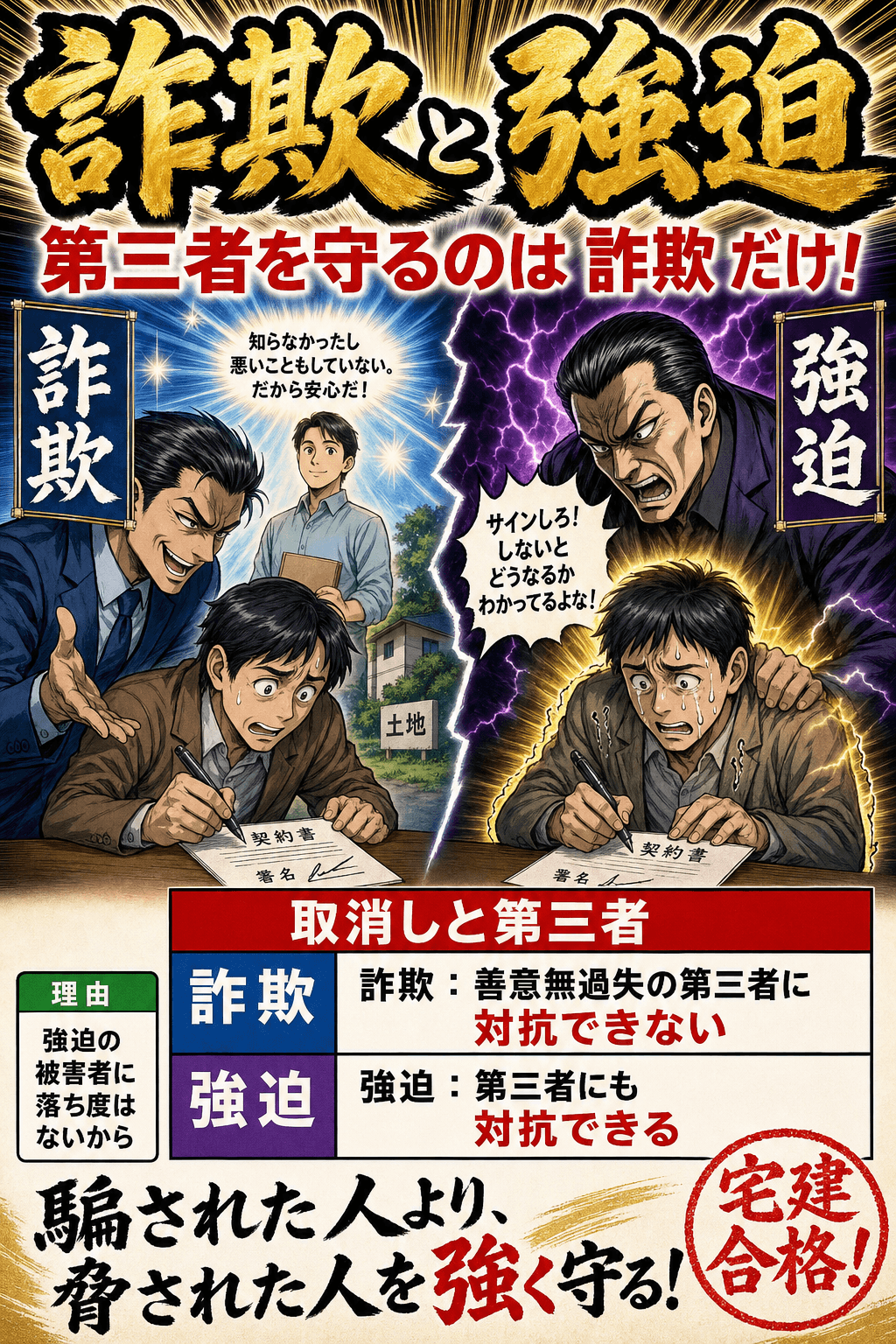 詐欺と強迫の取消しと第三者保護の違いを整理した暗記画像