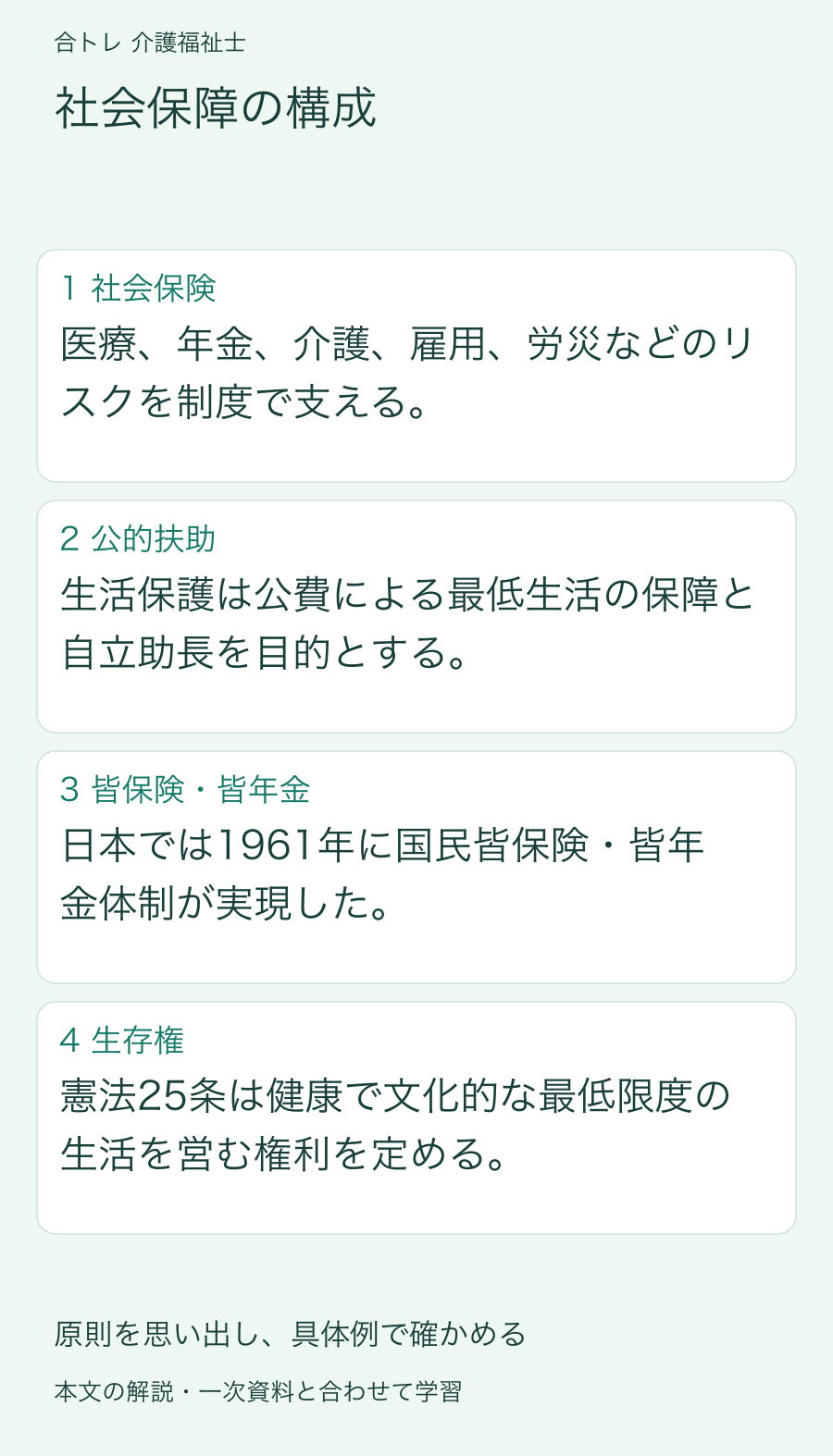 社会保障の構成:医療、年金、介護、雇用、労災などのリスクを制度で支える。 生活保護は公費による最低生活の保障と自立助長を目的とする。 日本では1961年に国民皆保険・皆年金体制が実現した。 憲法25条は健康で文化的な最低限度の生活を営む権利を定める。