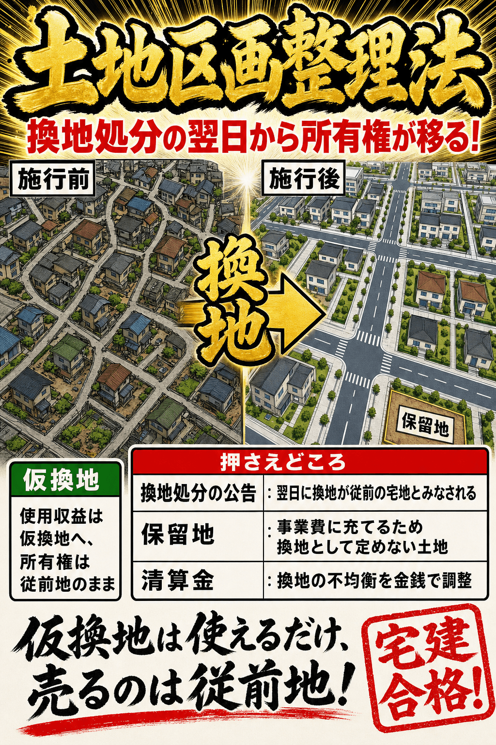 土地区画整理事業の換地処分と仮換地の効果を整理した暗記画像