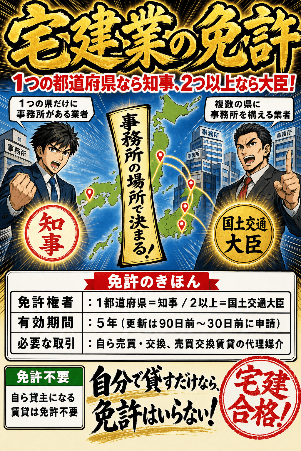 宅建業免許の免許権者と有効期間を整理した暗記画像