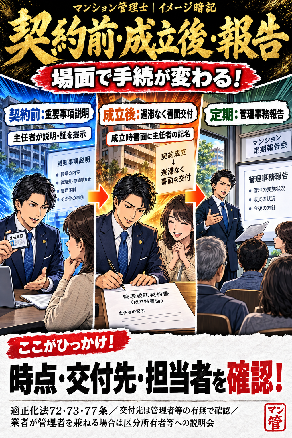 契約前・成立後・報告。契約前:重要事項説明。主任者が説明・証を提示。成立後:遅滞なく書面交付。成立時書面に主任者の記名。定期:管理事務報告。時点・交付先・担当者を確認! 適正化法72・73・77条/交付先は管理者等の有無で確認/業者が管理者を兼ねる場合は区分所有者等への説明会