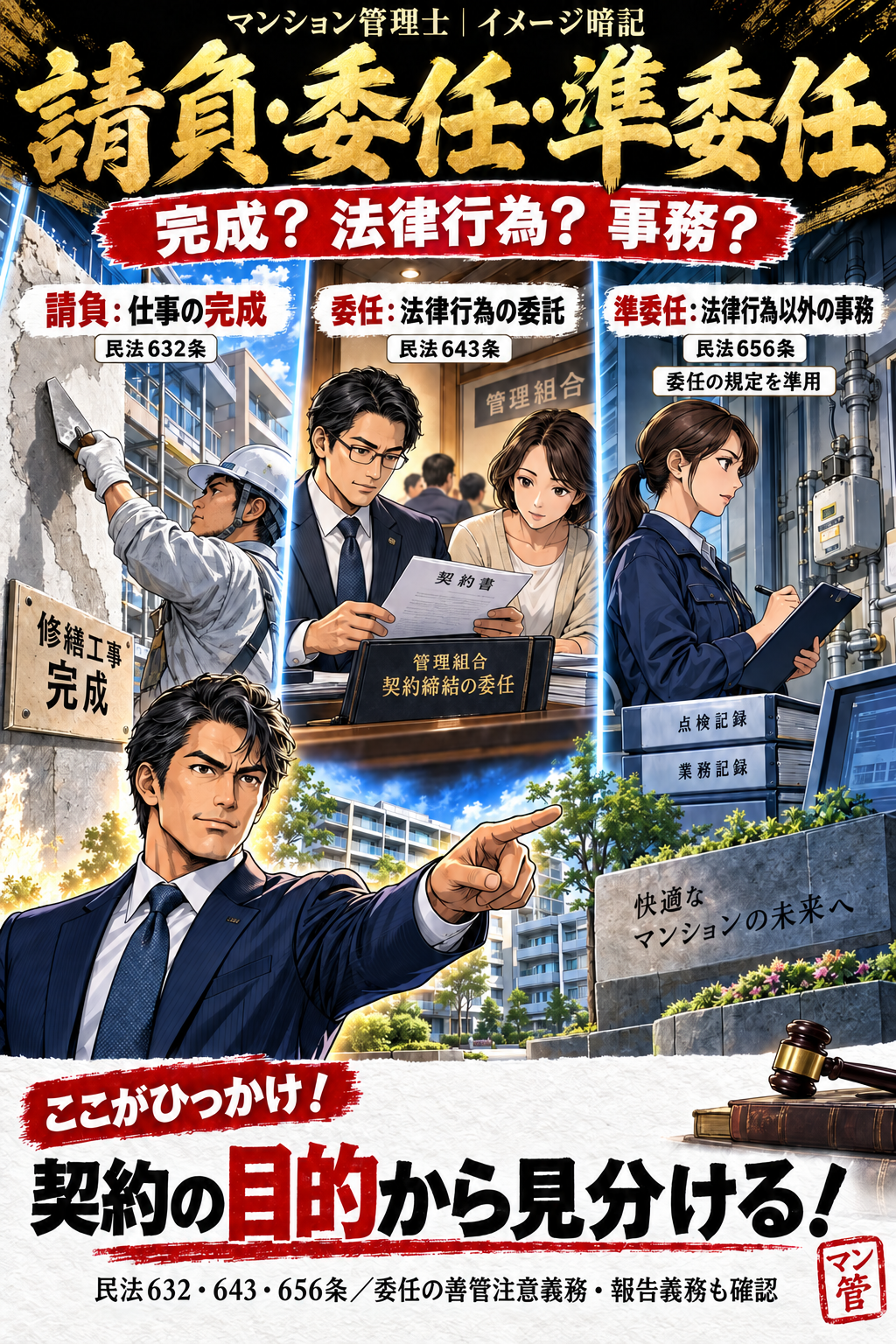 請負・委任・準委任。請負:仕事の完成。委任:法律行為の委託。準委任:法律行為以外の事務。委任の規定を準用。契約の目的から見分ける! 民法632・643・656条/委任の善管注意義務・報告義務も確認