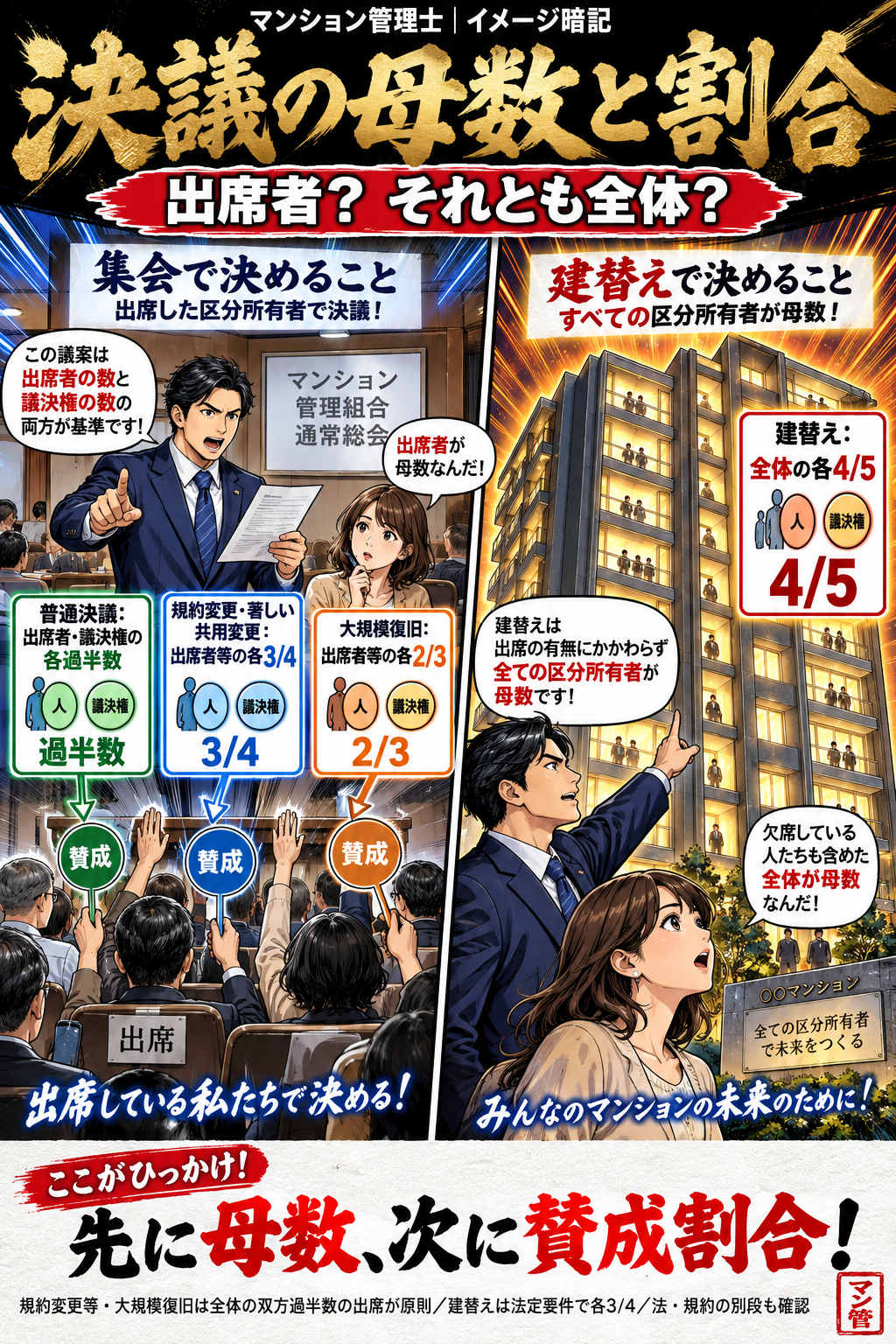 決議の母数と割合。普通決議:出席者・議決権の各過半数。規約変更・著しい共用変更:出席者等の各3/4。大規模復旧:出席者等の各2/3。建替え:全体の各4/5。先に母数、次に賛成割合! 規約変更等・大規模復旧は全体の双方過半数の出席が原則/建替えは法定要件で各3/4/法・規約の別段も確認