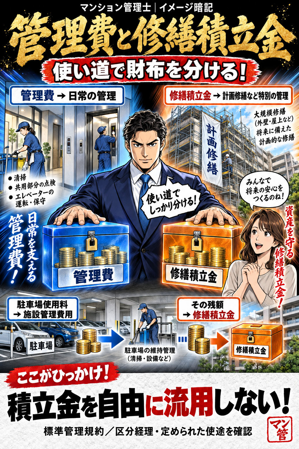 管理費と修繕積立金。管理費 → 日常の管理。修繕積立金 → 計画修繕など特別の管理。駐車場使用料 → 施設管理費用。その残額 → 修繕積立金。積立金を自由に流用しない! 標準管理規約/区分経理・定められた使途を確認