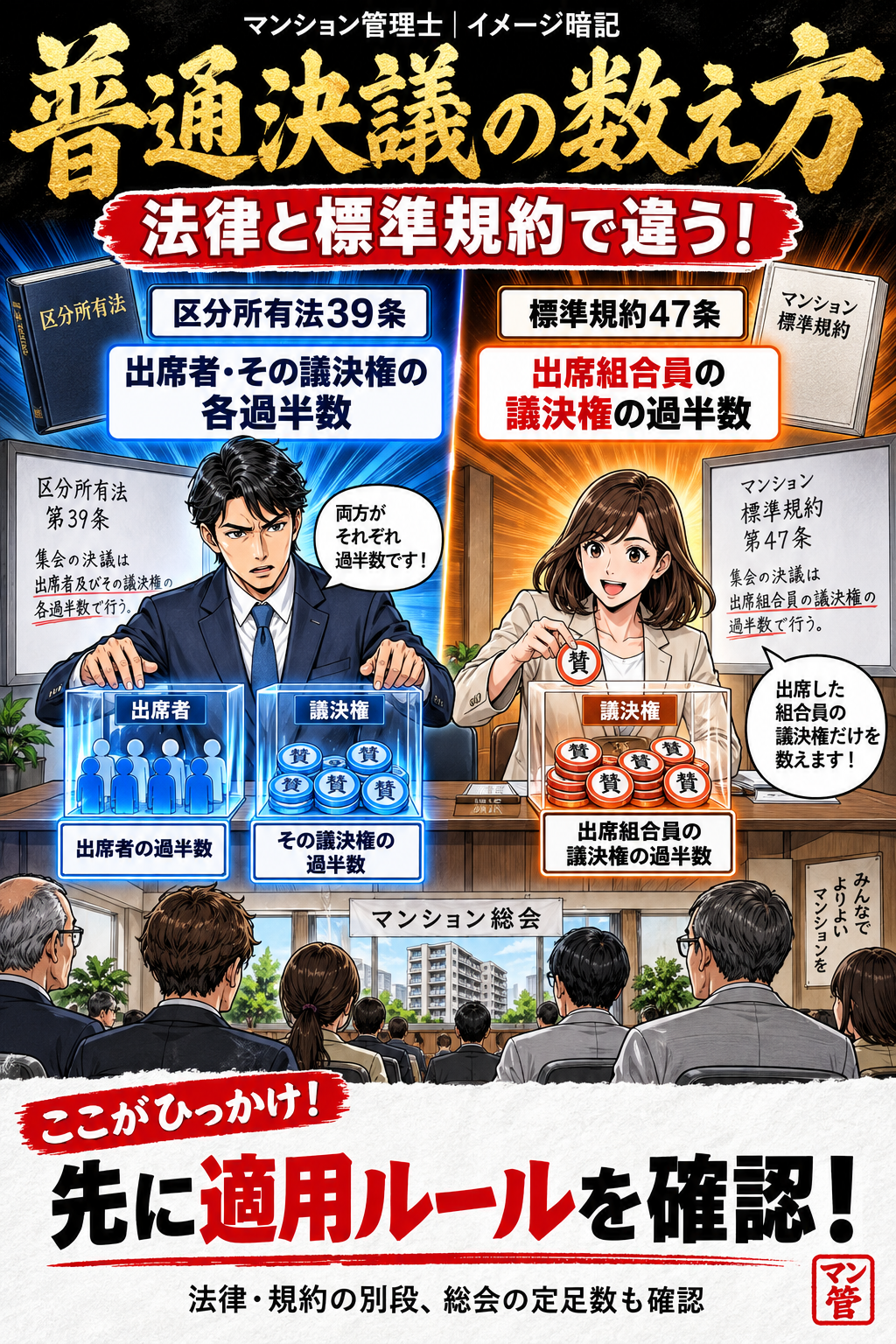 普通決議の数え方。区分所有法39条。出席者・その議決権の各過半数。標準規約47条。出席組合員の議決権の過半数。先に適用ルールを確認! 法律・規約の別段、総会の定足数も確認