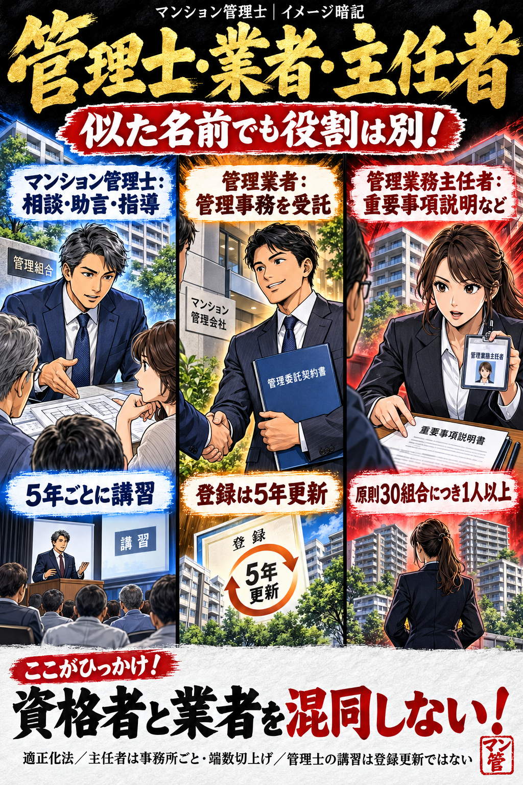 管理士・業者・主任者。マンション管理士:相談・助言・指導。5年ごとに講習。管理業者:管理事務を受託。登録は5年更新。管理業務主任者:重要事項説明など。原則30組合につき1人以上。資格者と業者を混同しない! 適正化法/主任者は事務所ごと・端数切上げ/管理士の講習は登録更新ではない