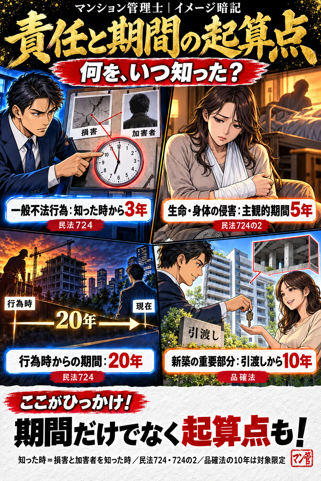 責任と期間の起算点。一般不法行為:知った時から3年。生命・身体の侵害:主観的期間5年。行為時からの期間:20年。新築の重要部分:引渡しから10年。期間だけでなく起算点も! 知った時=損害と加害者を知った時/民法724・724の2/品確法の10年は対象限定