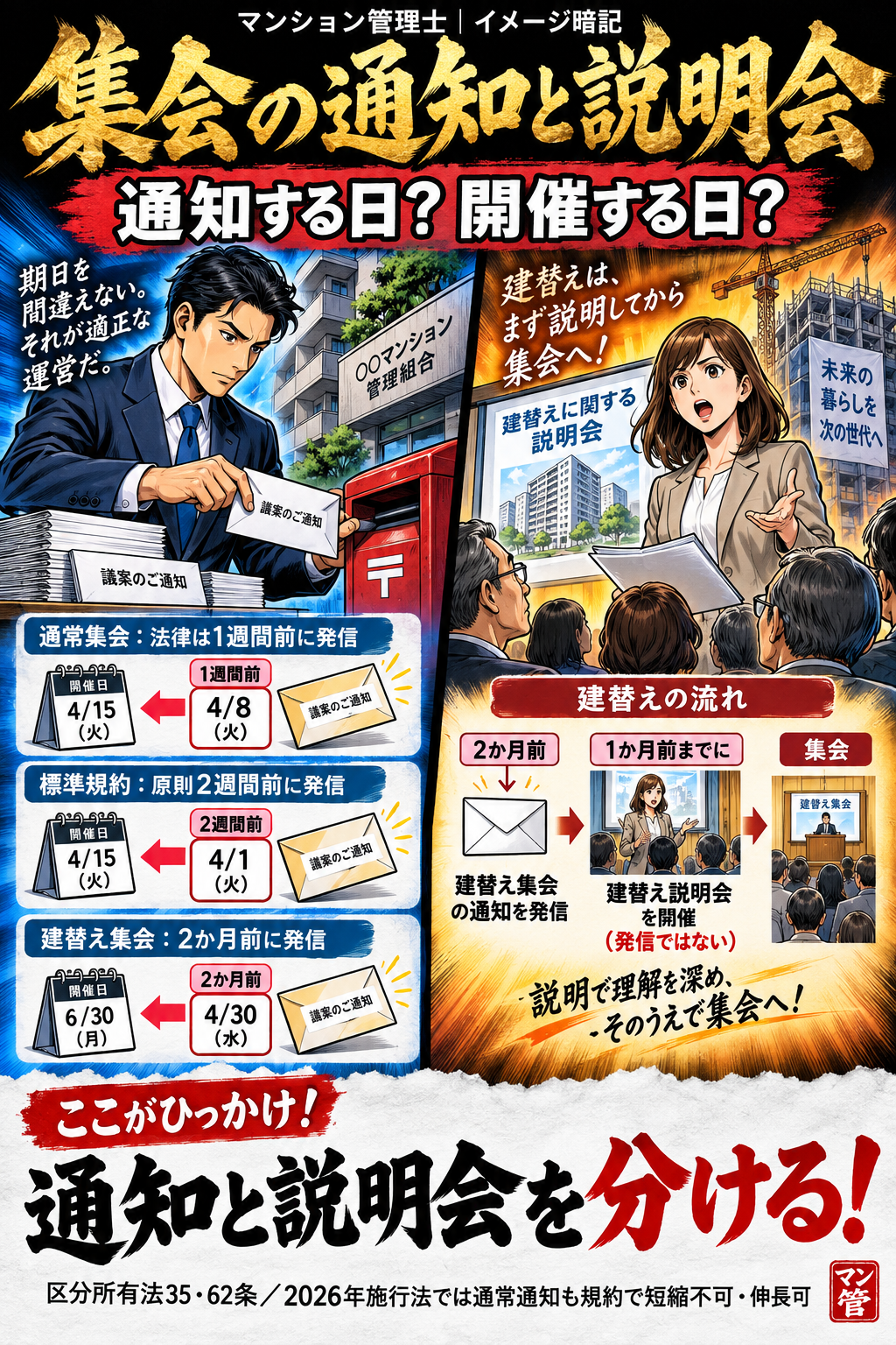 集会の通知と説明会。通常集会:法律は1週間前に発信。標準規約:原則2週間前に発信。建替え集会:2か月前に発信。建替え説明会:1か月前までに開催。通知と説明会を分ける! 区分所有法35・62条/2026年施行法では通常通知も規約で短縮不可・伸長可