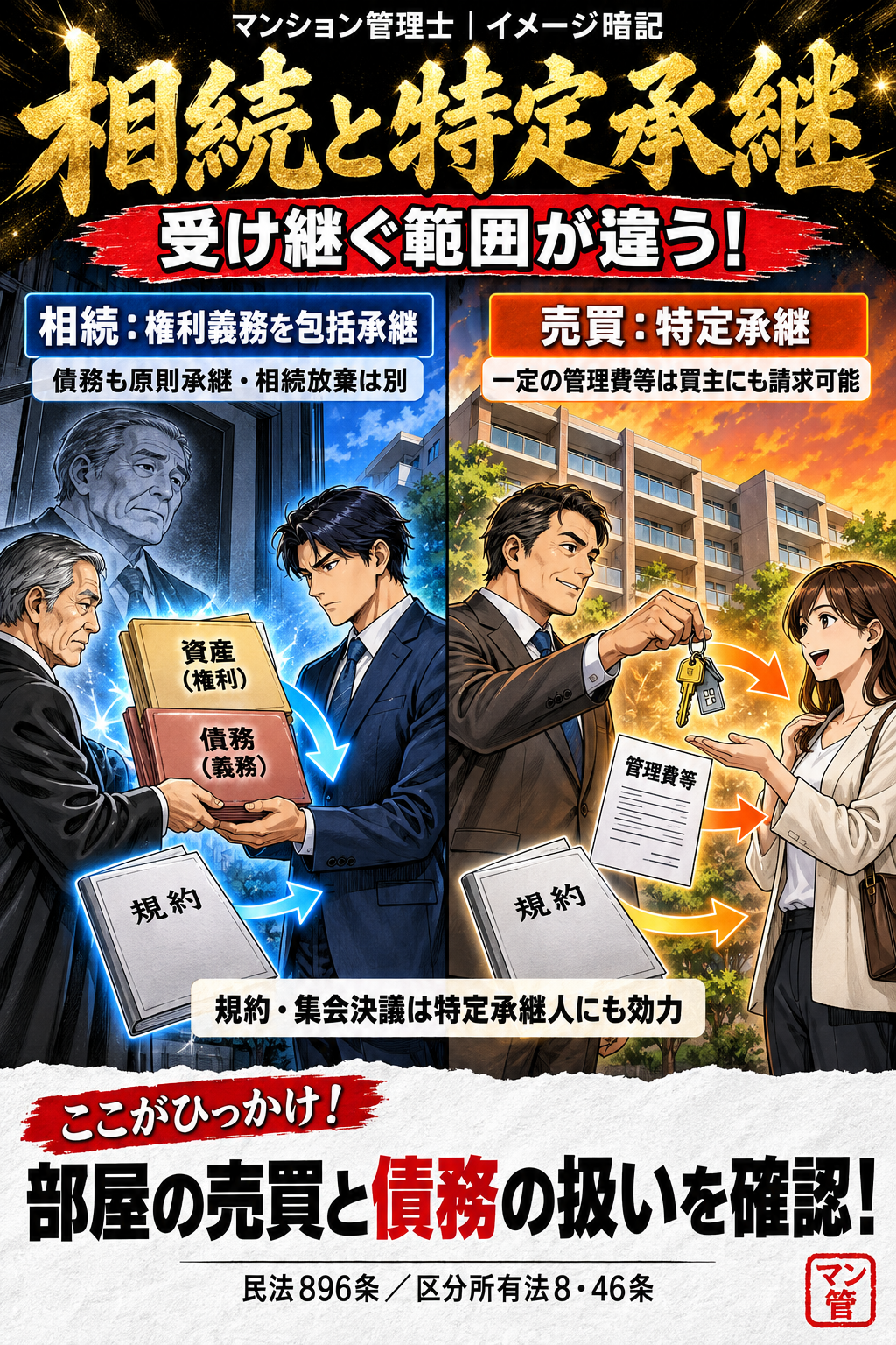 相続と特定承継。相続:権利義務を包括承継。債務も原則承継・相続放棄は別。売買:特定承継。一定の管理費等は買主にも請求可能。規約・集会決議は特定承継人にも効力。部屋の売買と債務の扱いを確認! 民法896条/区分所有法8・46条