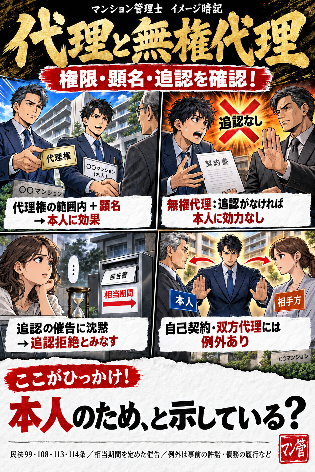 代理と無権代理。代理権の範囲内 + 顕名 → 本人に効果。無権代理:追認がなければ本人に効力なし。追認の催告に沈黙 → 追認拒絶とみなす。自己契約・双方代理には例外あり。本人のため、と示している? 民法99・108・113・114条/相当期間を定めた催告/例外は事前の許諾・債務の履行など