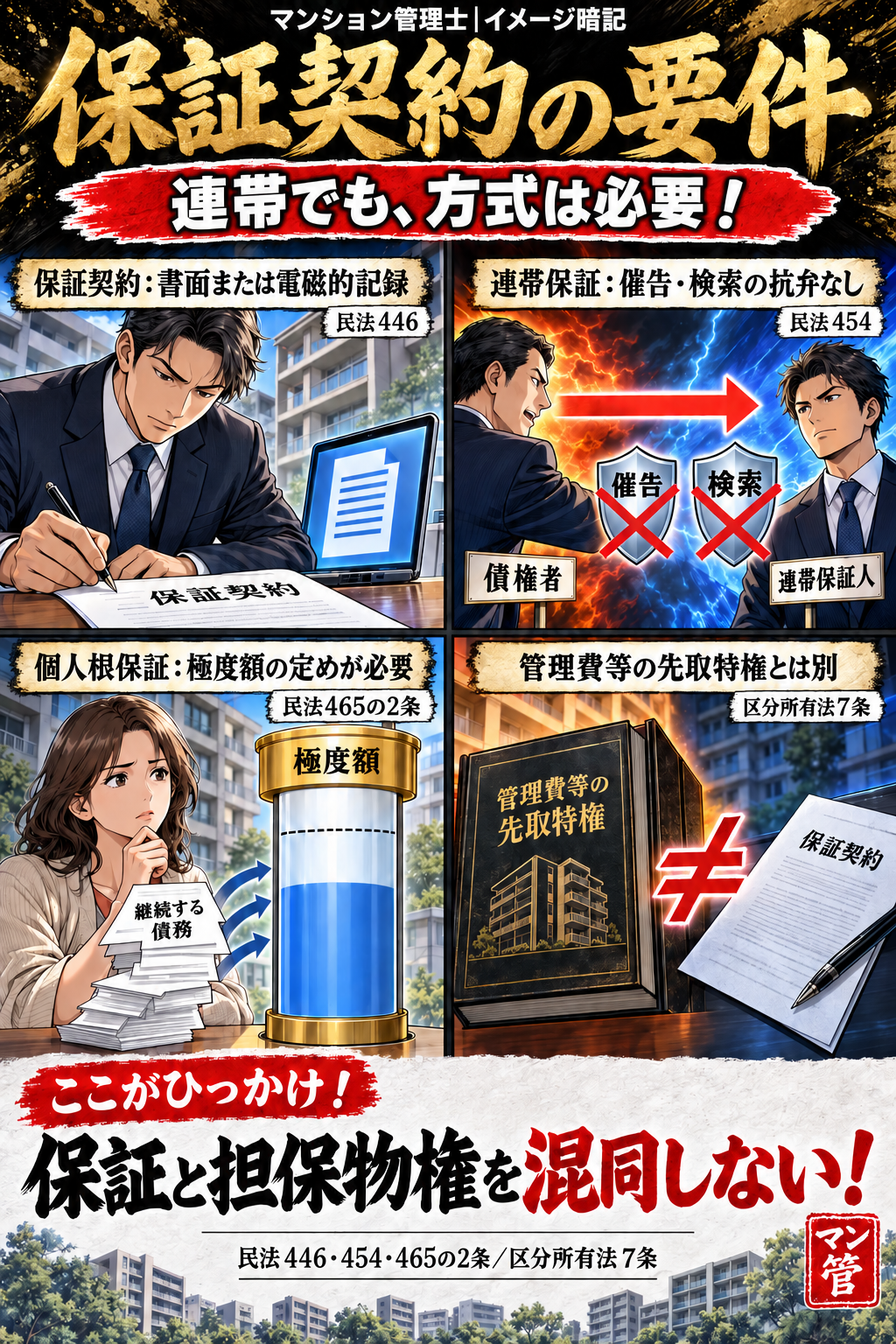 保証契約の要件。保証契約:書面または電磁的記録。連帯保証:催告・検索の抗弁なし。個人根保証:極度額の定めが必要。管理費等の先取特権とは別。保証と担保物権を混同しない! 民法446・454・465の2条/区分所有法7条