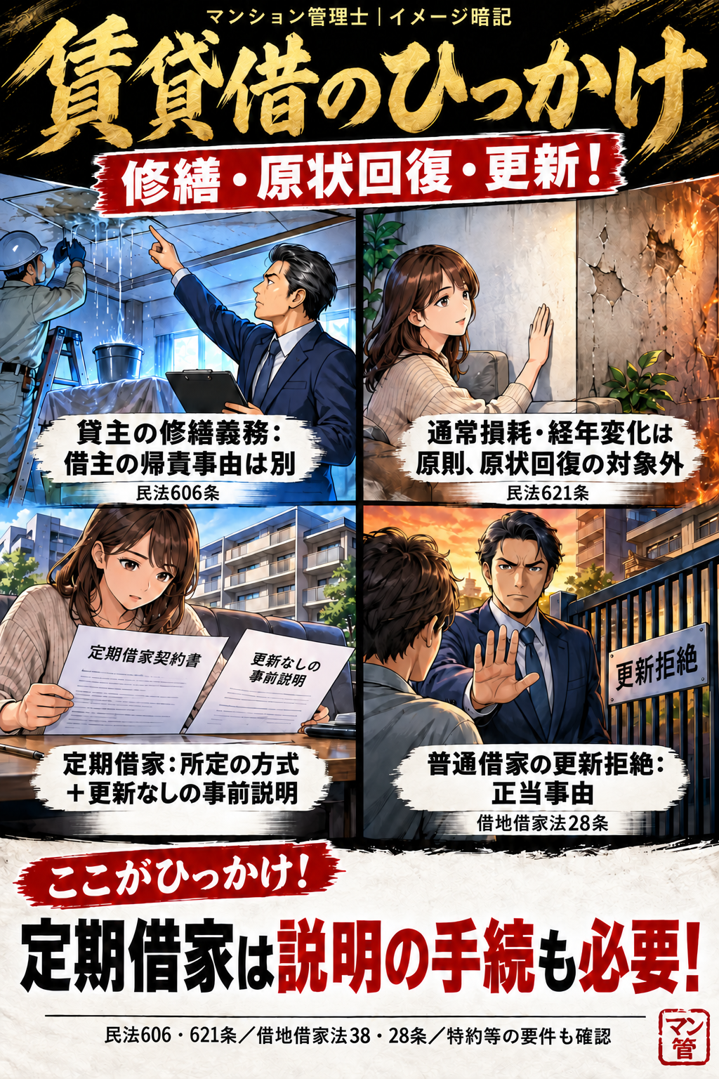 賃貸借のひっかけ。貸主の修繕義務:借主の帰責事由は別。通常損耗・経年変化は原則、原状回復の対象外。定期借家:所定の方式+更新なしの事前説明。普通借家の更新拒絶:正当事由。定期借家は説明の手続も必要! 民法606・621条/借地借家法28・38条/特約等の要件も確認