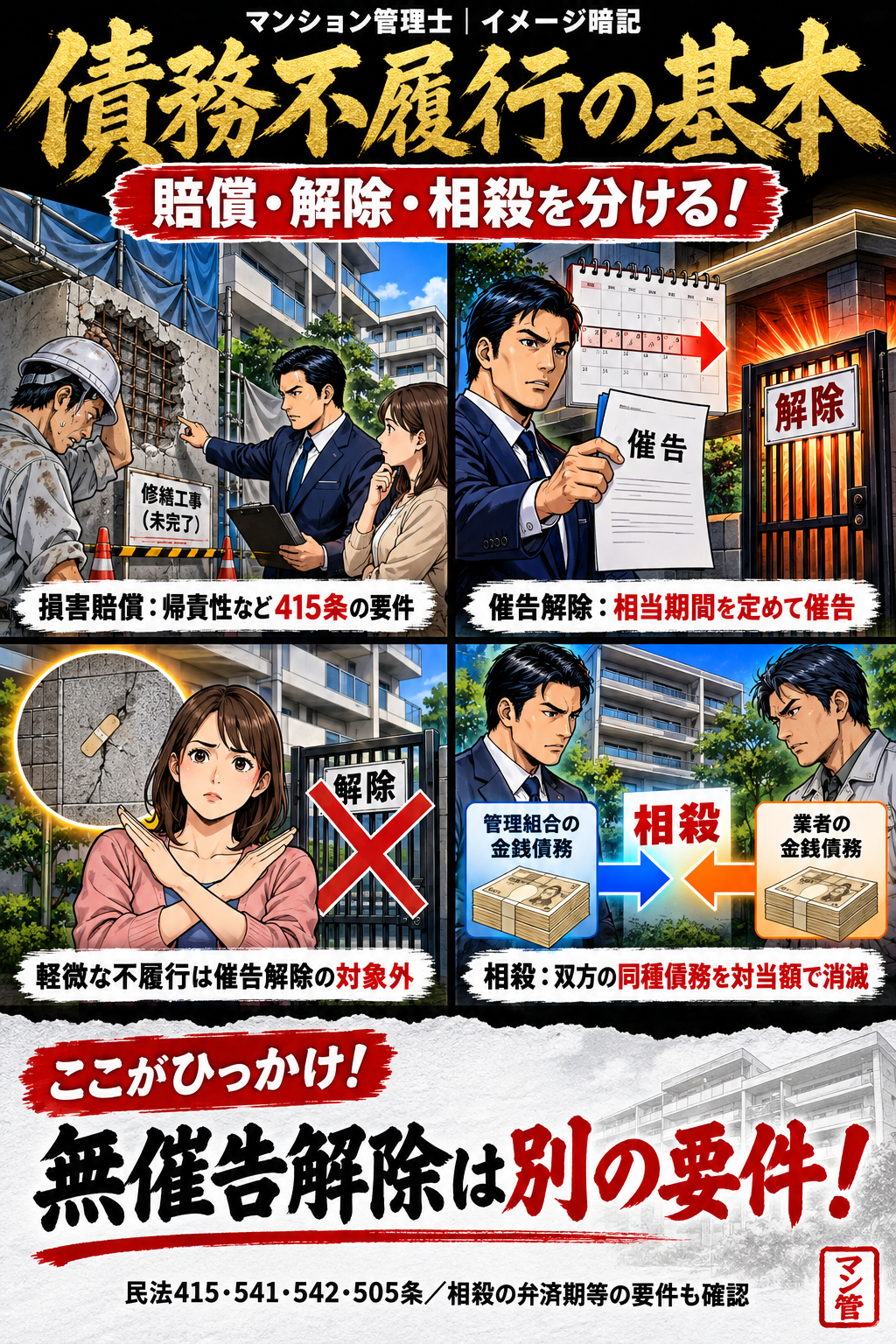 債務不履行の基本。損害賠償:帰責性など415条の要件。催告解除:相当期間を定めて催告。軽微な不履行は催告解除の対象外。相殺:双方の同種債務を対当額で消滅。無催告解除は別の要件! 民法415・541・542・505条/相殺の弁済期等の要件も確認