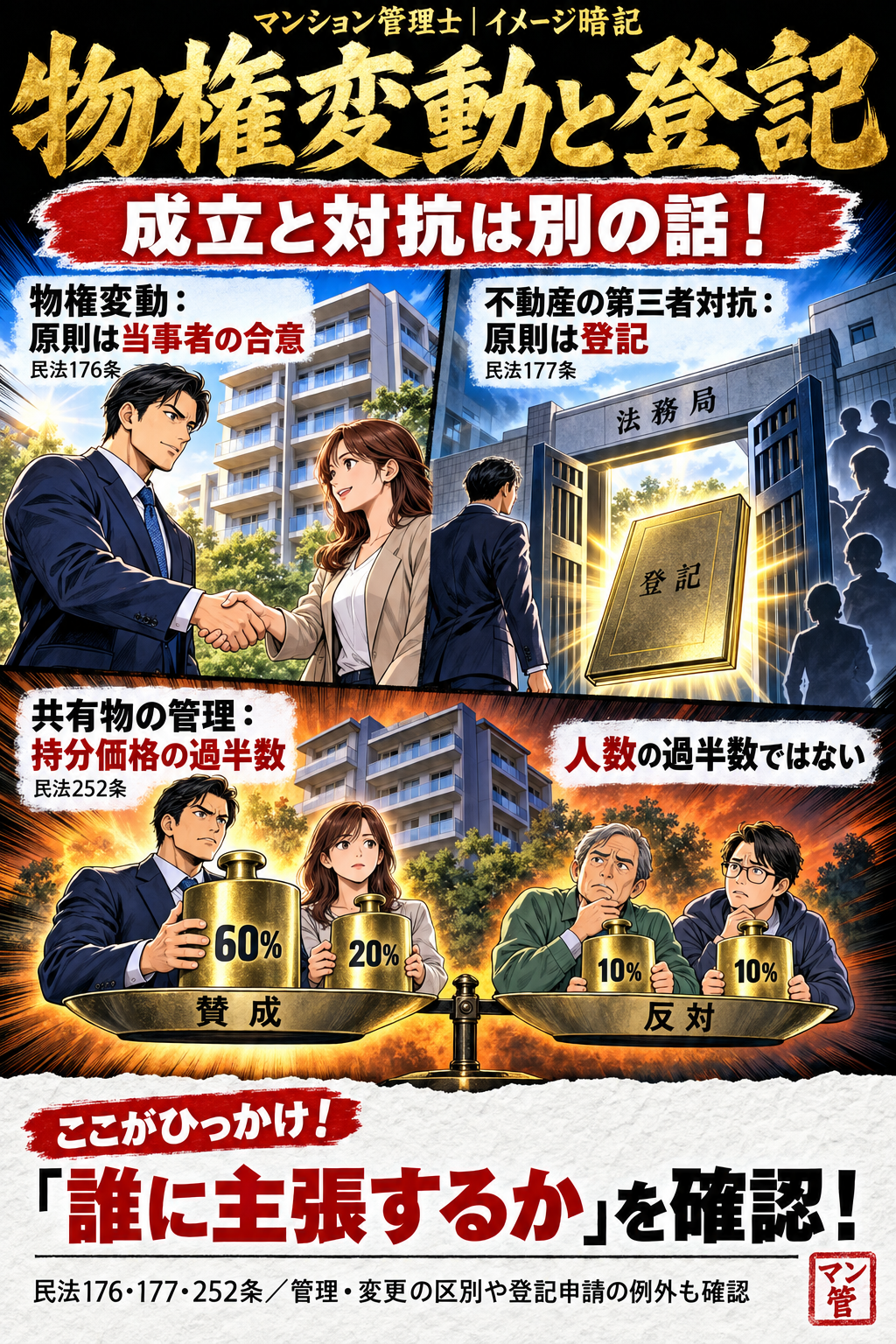 物権変動と登記。物権変動:原則は当事者の合意。不動産の第三者対抗:原則は登記。共有物の管理:持分価格の過半数。人数の過半数ではない。「誰に主張するか」を確認! 民法176・177・252条/管理・変更の区別や登記申請の例外も確認