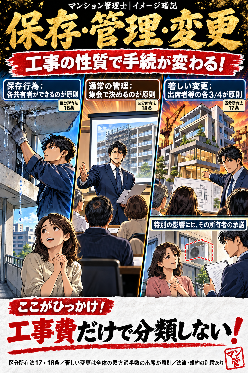 保存・管理・変更。保存行為:各共有者ができるのが原則。通常の管理:集会で決めるのが原則。著しい変更:出席者等の各3/4が原則。特別の影響には、その所有者の承諾。工事費だけで分類しない! 区分所有法17・18条/著しい変更は全体の双方過半数の出席が原則/法律・規約の別段あり