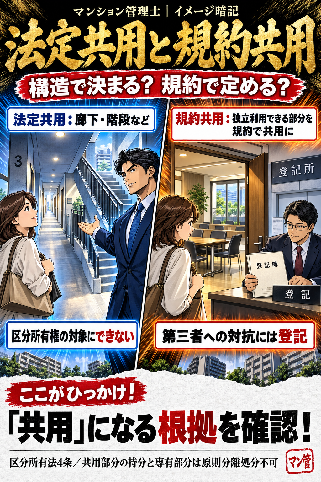 法定共用と規約共用。法定共用:廊下・階段など。区分所有権の対象にできない。規約共用:独立利用できる部分を規約で共用に。第三者への対抗には登記。「共用」になる根拠を確認! 区分所有法4条/共用部分の持分と専有部分は原則分離処分不可